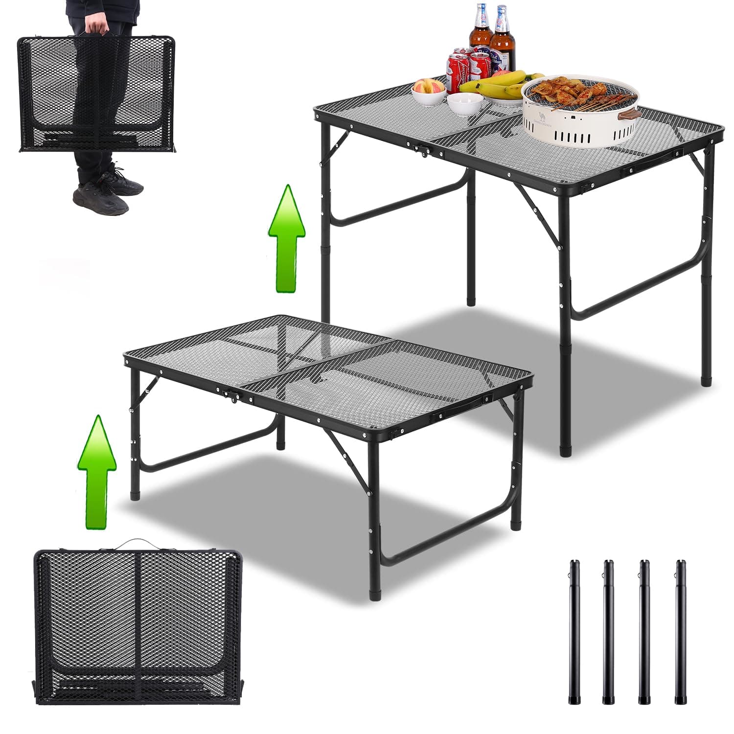 Large Folding Grill Table Portable for Outside Camping 3×2 ft, Oversized Foldable Table 27 Inch Height Adjustable Outdoor for BBQ Barbecue Picnic Lightweight Aluminum Alloy Multipurpose (Mesh Desktop)