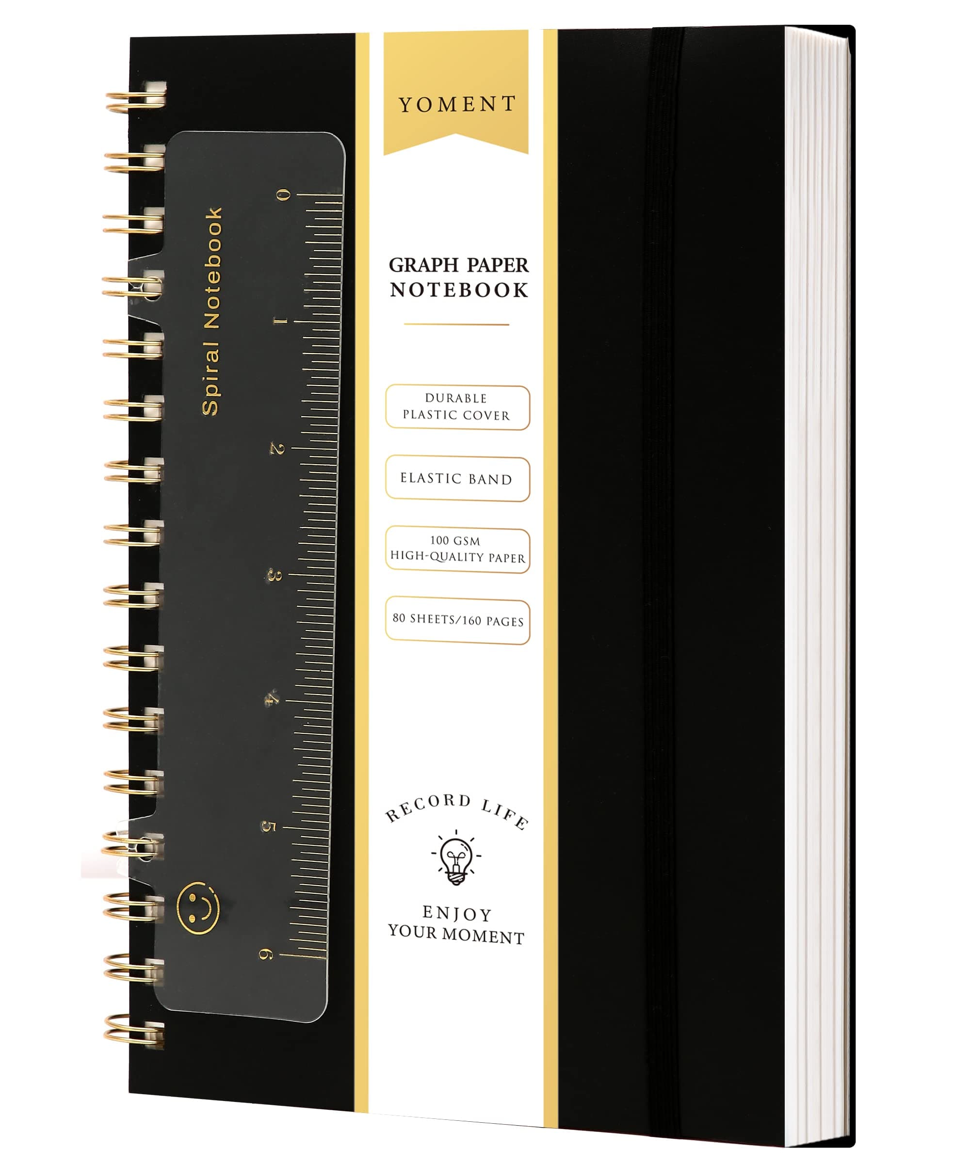 Graph Paper Spiral Notebook A5 Graphing Notebook 160 Pages Graph Paper Notebook Spiral Bound Waterproof Plastic Hardcover Spiral Journal 5x7 Grid Notebooks for Note Taking,Black