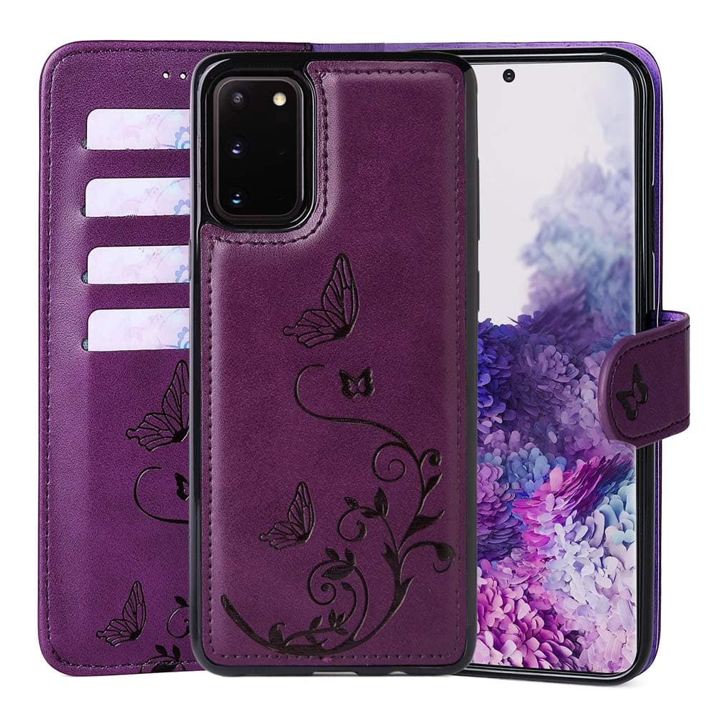 WaterFox Samsung Galaxy S20 FE Wallet Leather Case with 2 in 1 Detachable Cover, Women's RFID Blocking Case with 4 Card Slots & Wrist Strap Case - Purple