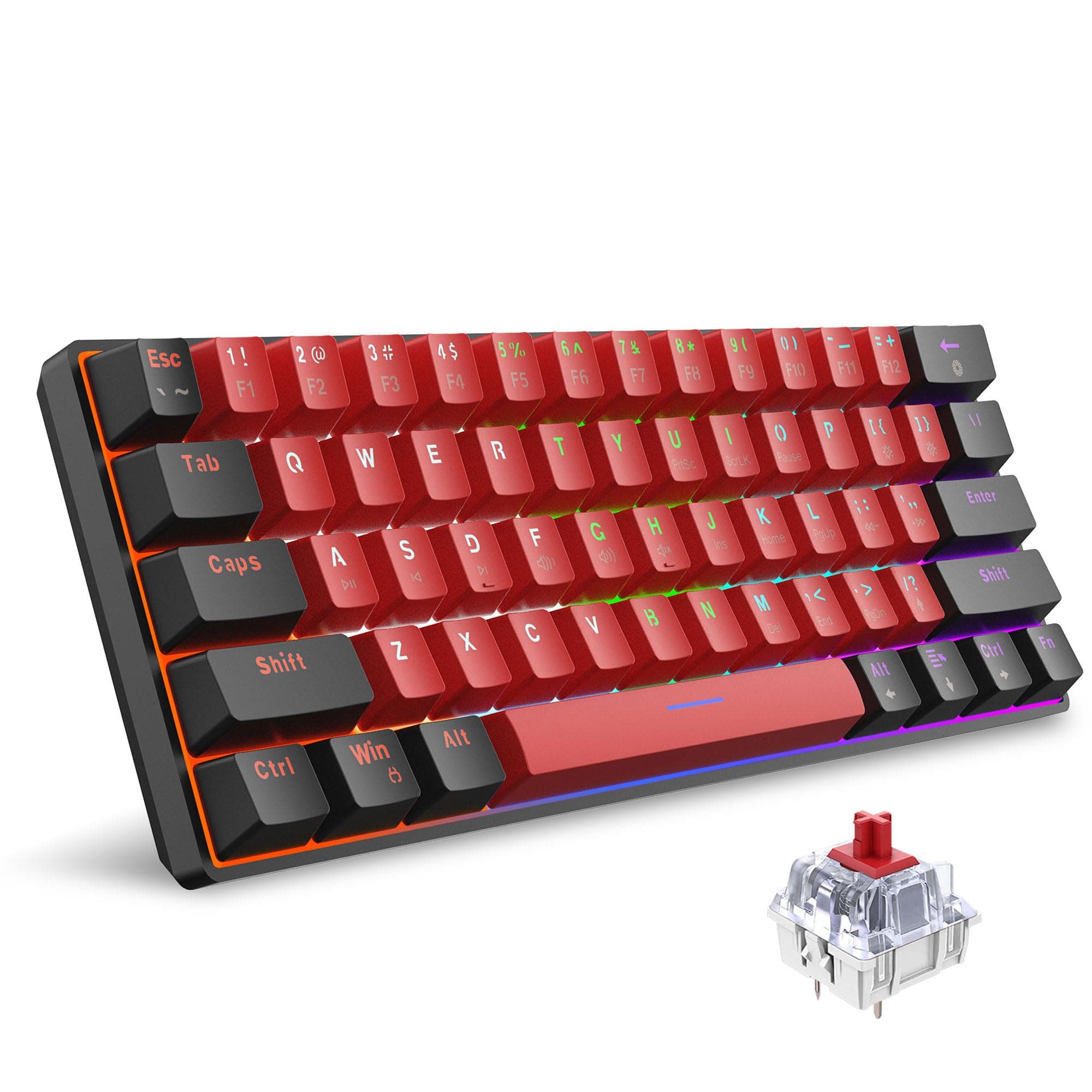 Snpurdiri 60% Wired Mechanical Keyboard, Mini Gaming Keyboard with 61 Keys for PC, Windows XP, Win 7, Win 10 (Black-Red, Red Switches)
