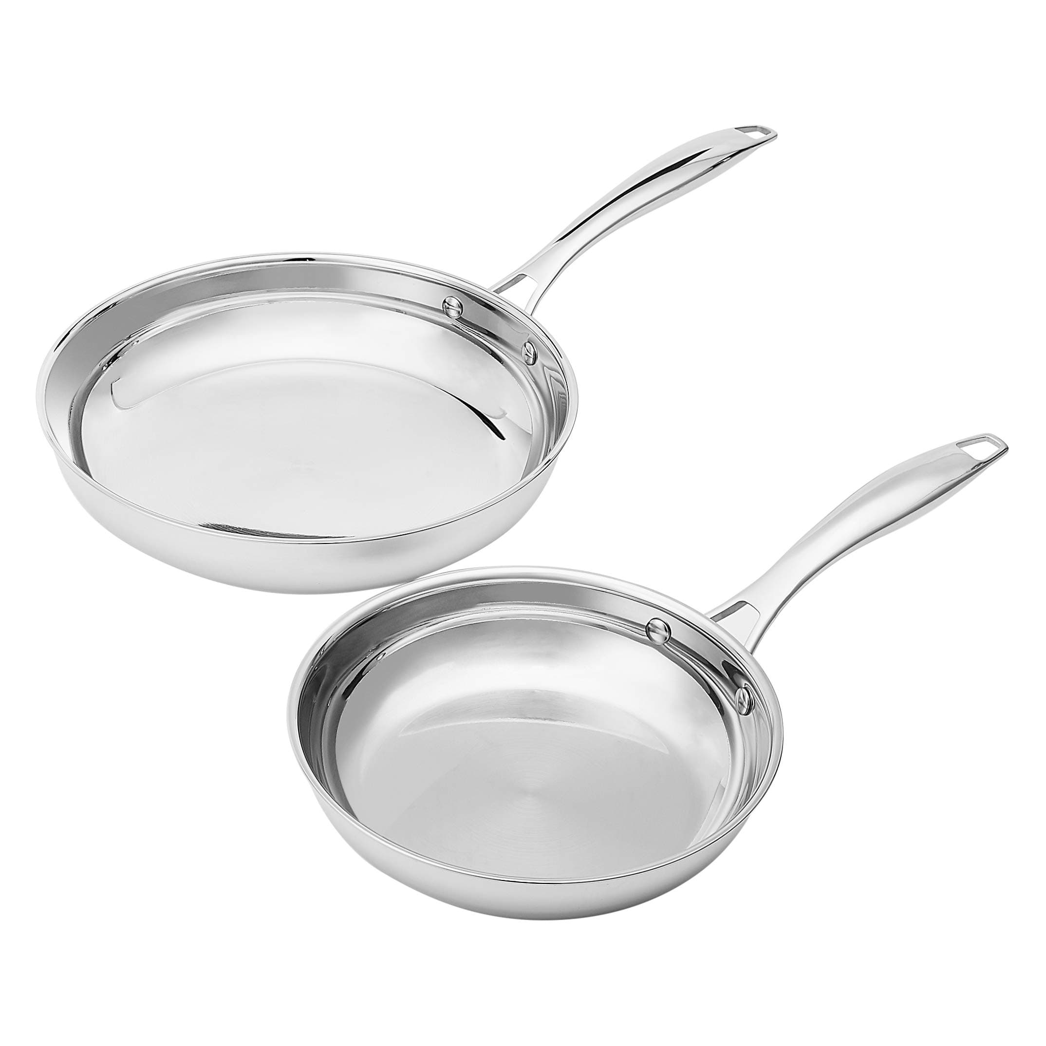 2-Piece Stainless Steel Induction Frying Pan Set, Oven Safe, Riveted Handle, Heat Distributes Evenly, 8-inch & 10-inch, Silver