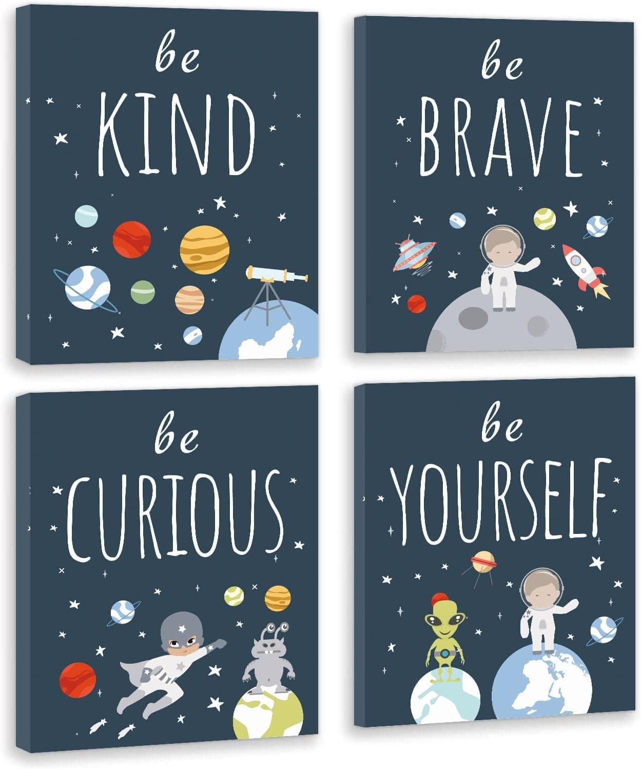 CHDITB 4Pcs Outer Space Framed Art Print, Inspirational Quotes Wall Art (8"X10") for Boys Bedroom Accessories, Rocket Astronaut Poster, Planet Canvas Pictures for Nursery Kids Room