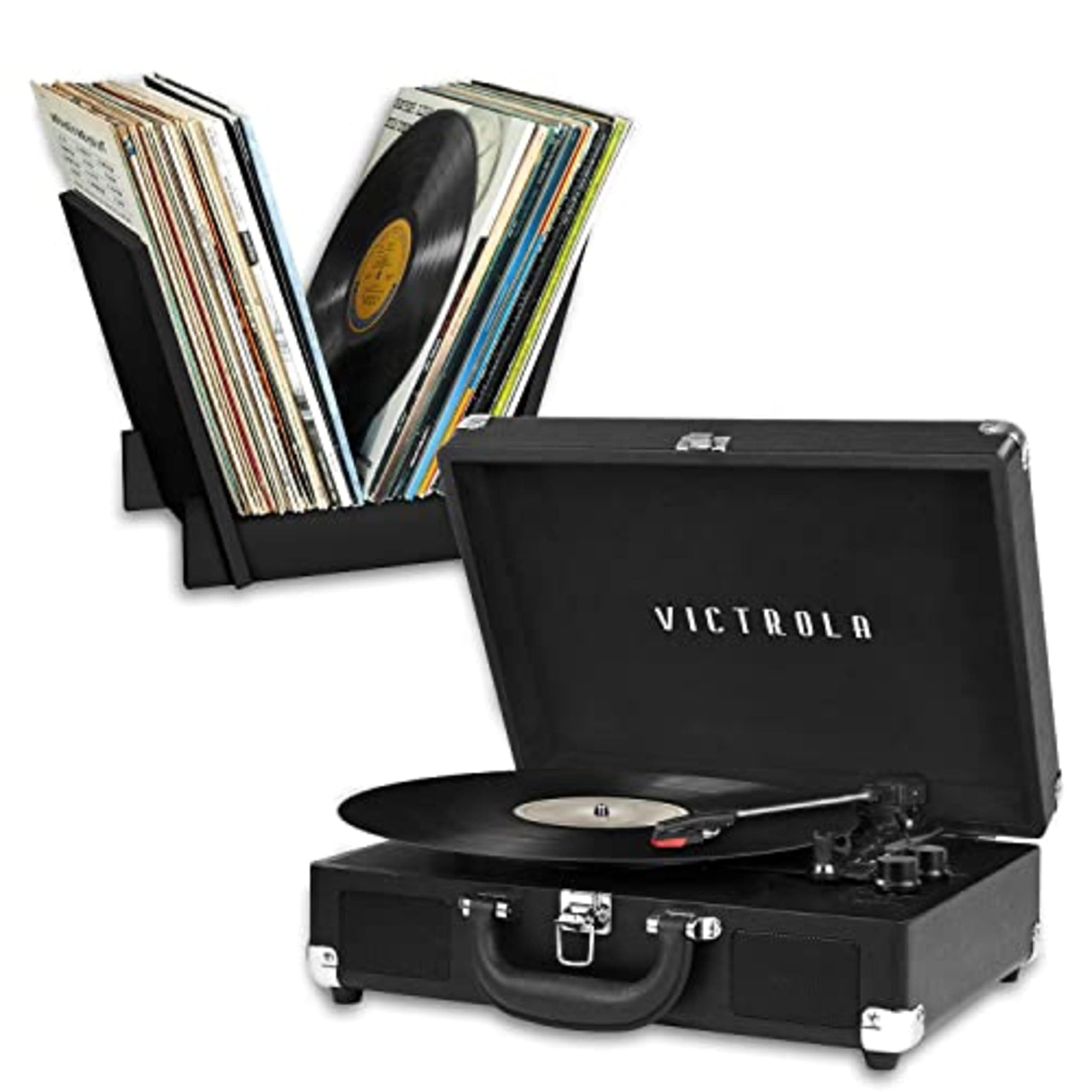Journey + Bluetooth Suitcase Record Player with Matching Record Stand & Built-In Speakers – 3 Speed Vinyl Record Player, RCA Out, Headphone Jack, Vinyl Stream, Black