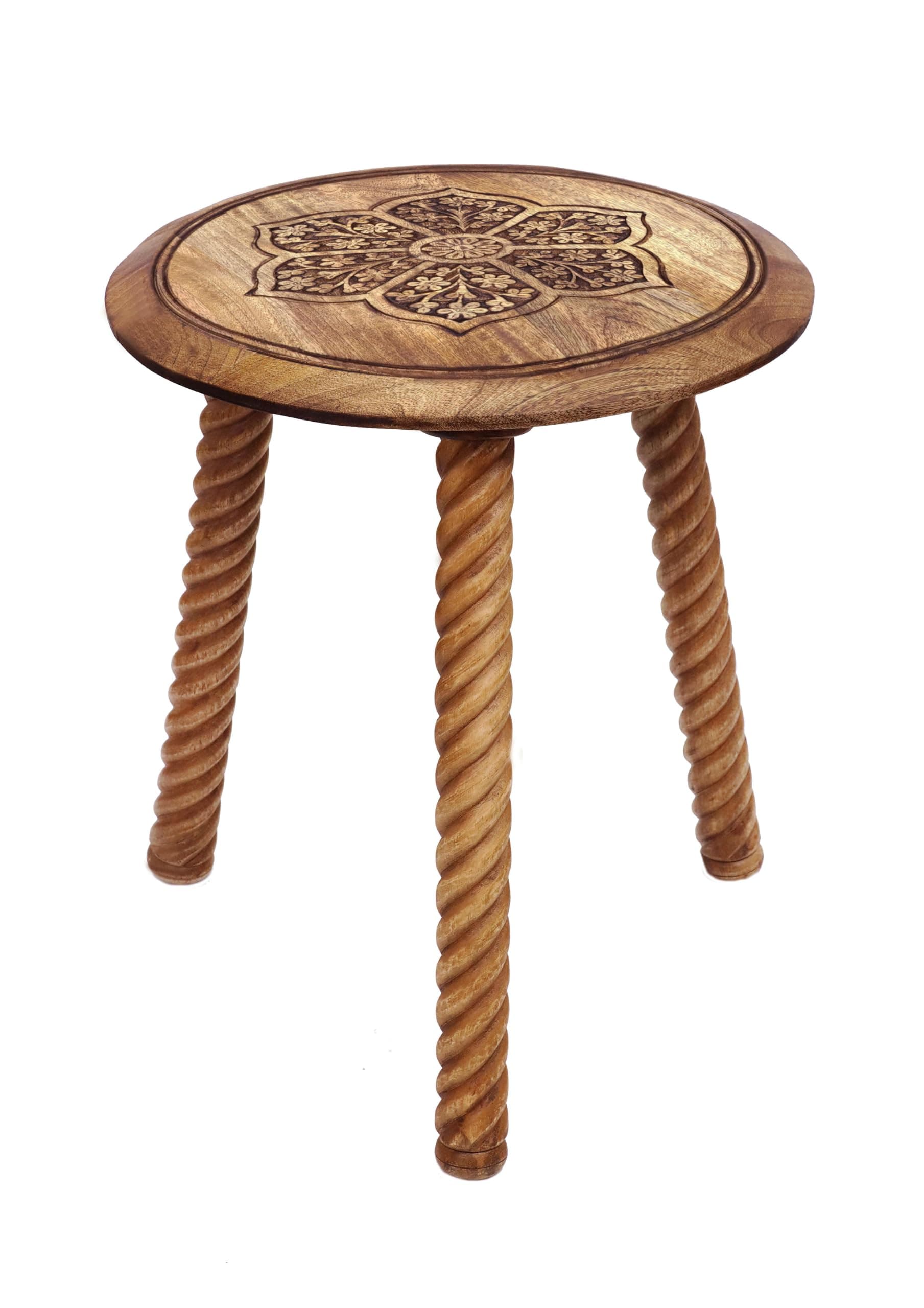 COTTON CRAFT - Hand Carved Floral 100% Mango Wood Side Table - 18L x 18W x 21 H inches - Natural