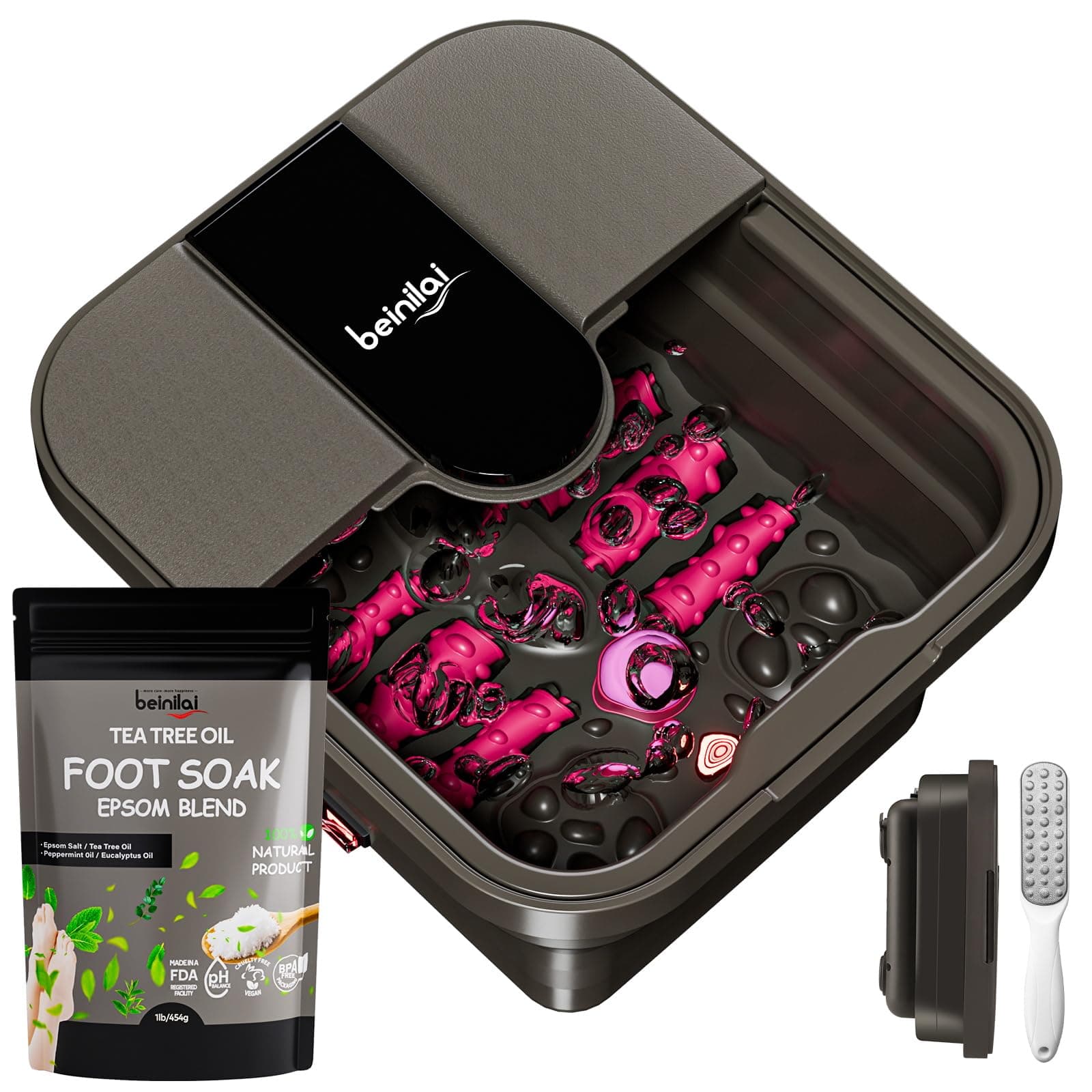 Collapsible Foot Spa Bath with Heat,Bubble,Massage Rollers, Tea Tree Oil Foot Soak with Epsom Salt, Pedicure Foot File, Red Light,Removable Pumice Stone,Pedicure Foot Spa