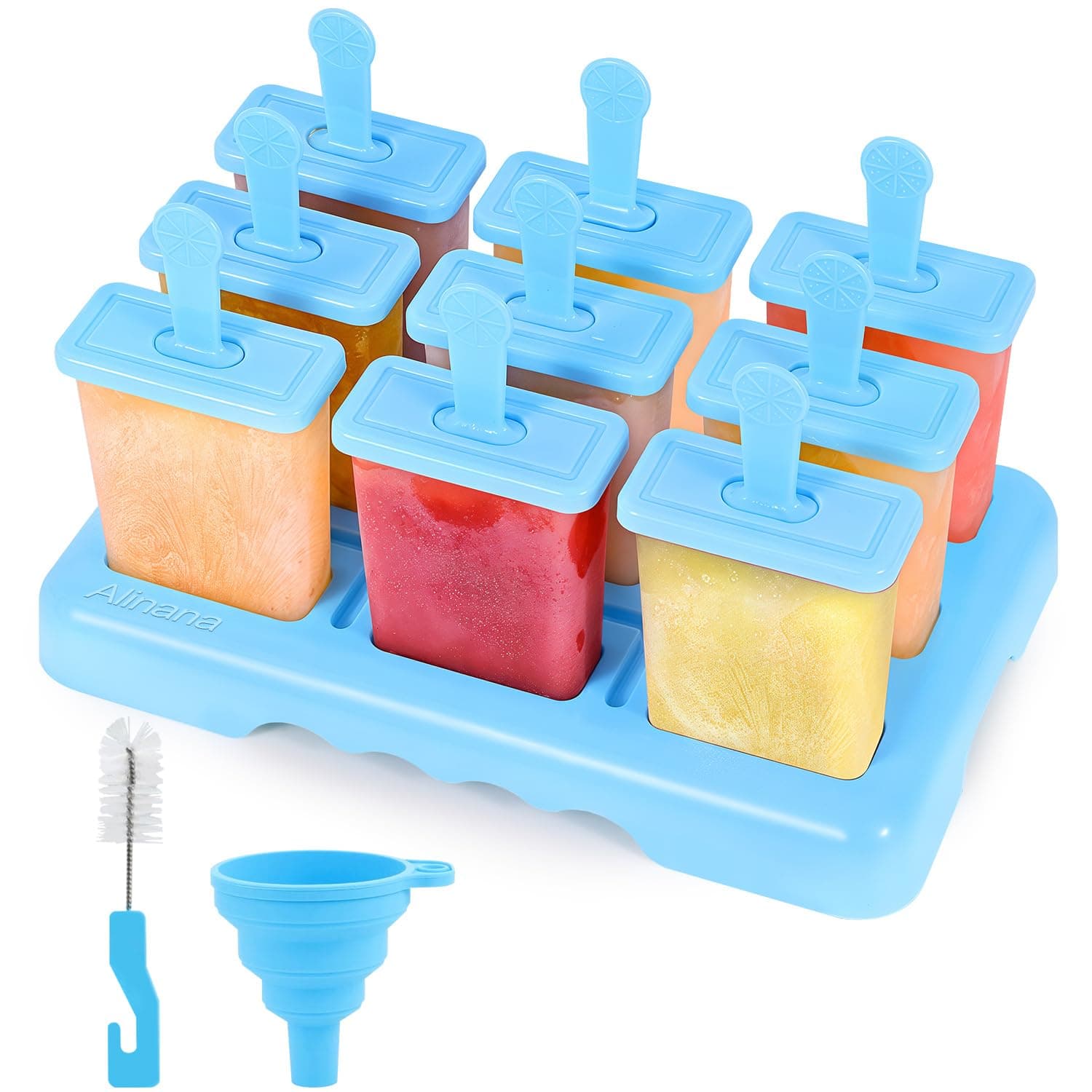 9 Cavities Popsicles Molds, Without BPA Popsicle Molds with Built-in Popsicle Stick, DIY Popsicle Molds with Cleaning Brush and Funnel