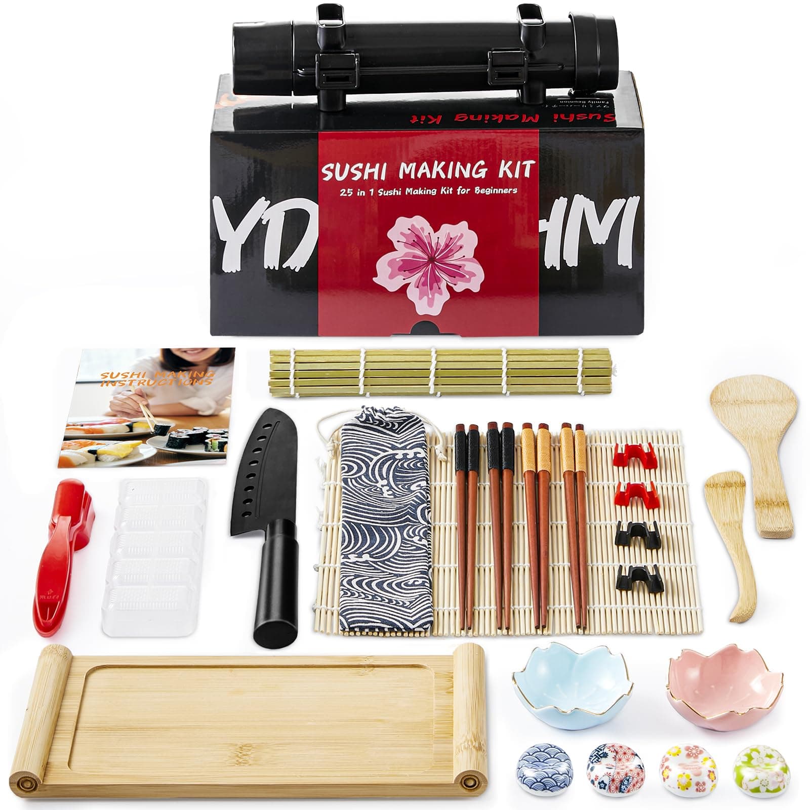 Deluxe Sushi Making Kit 25-in-1 Bazooka Roller Set, Bamboo Mat,Knife,Sauce Tray,Japanese Sashimi Sushi Bamboo Serving Geta Plate,and More - Perfect for Beginners