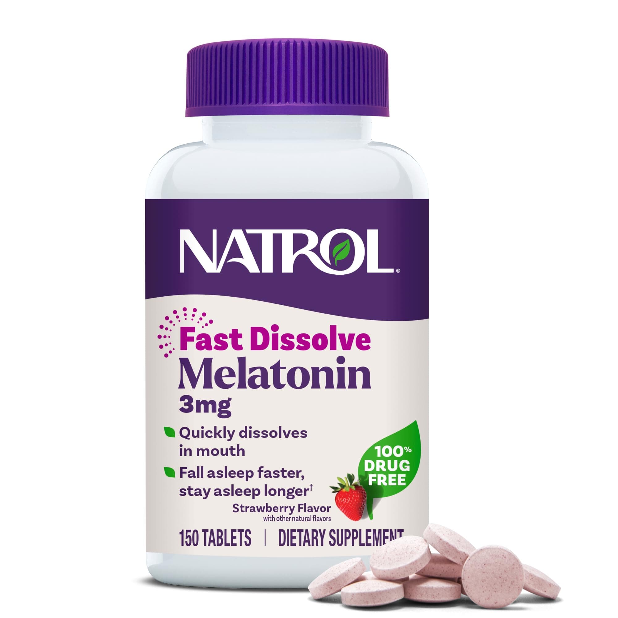 Natrol Fast Dissolve Melatonin 3 mg, Melatonin Supplements for Restful Sleep, Sleep Support for Adults, 150 Strawberry-Flavored Tablets, Up to a 150 Day Supply