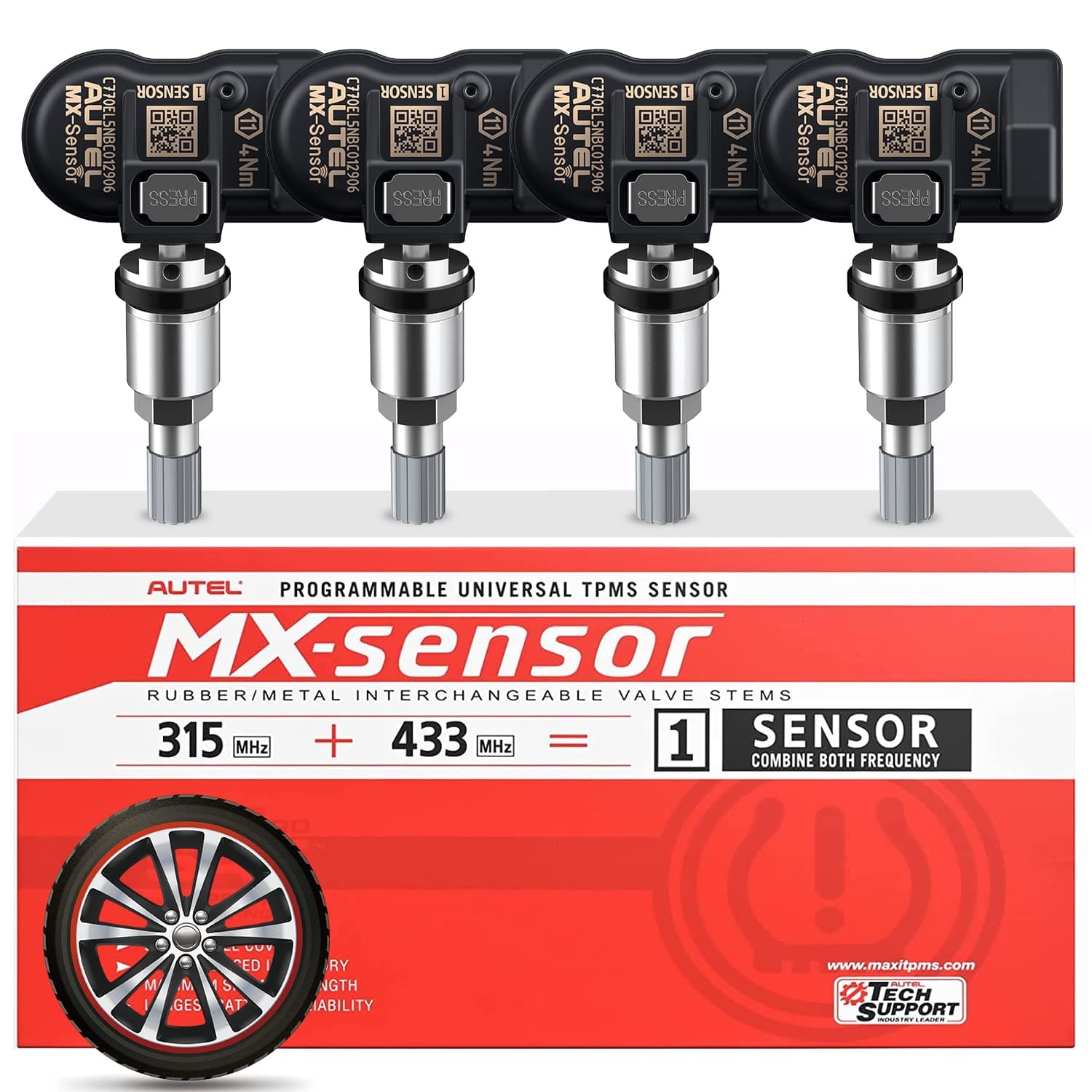 TPMS Sensor 315MHz + 433MHz Dual Frequency Tire Replacement MX Sensor for All Cars, Same as OE Censor, 100% Cloneable Pressure Monitor System Censor (Metal Valve, Press-in, 4PCS)