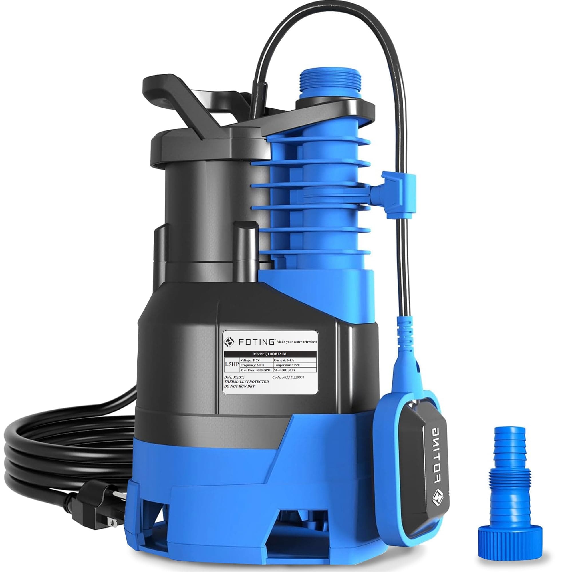 FOTING Automatic 1.5 HP Sump Pump Submersible with Float Switch, 5000 GPH Clean & Dirty Water Submersible Pump, Submersible Water Pump for Pool Draining Hot Tub Garden Basement