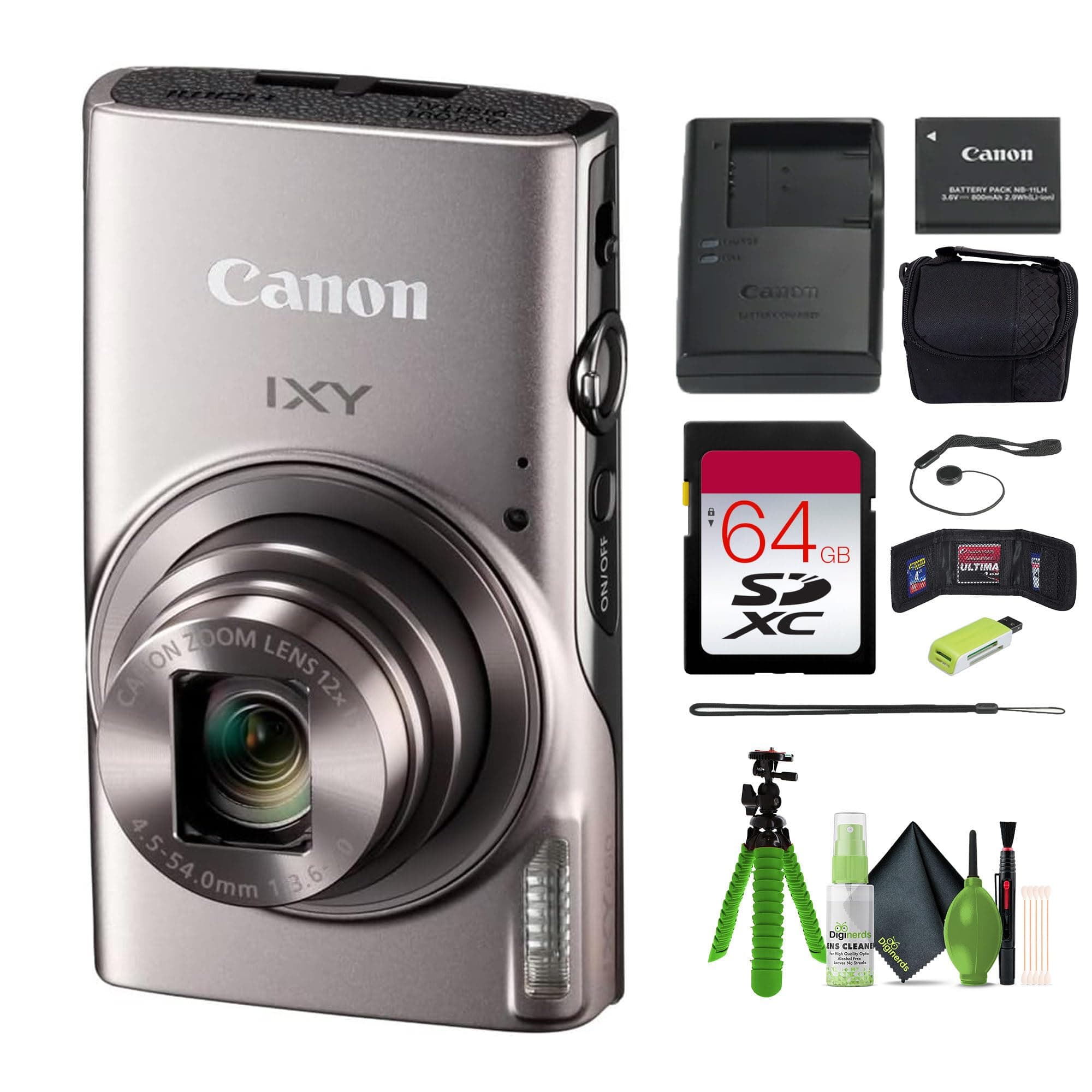 Canon PowerShot IXY 650 (ELPH 360) HS Compact Digital Camera 12x Optical Zoom IXY650 (Silver) Bundle + 64GB Memory Card + Camara Bag + Card Reader + Vlogging Tripod + Cleaning Kit and More
