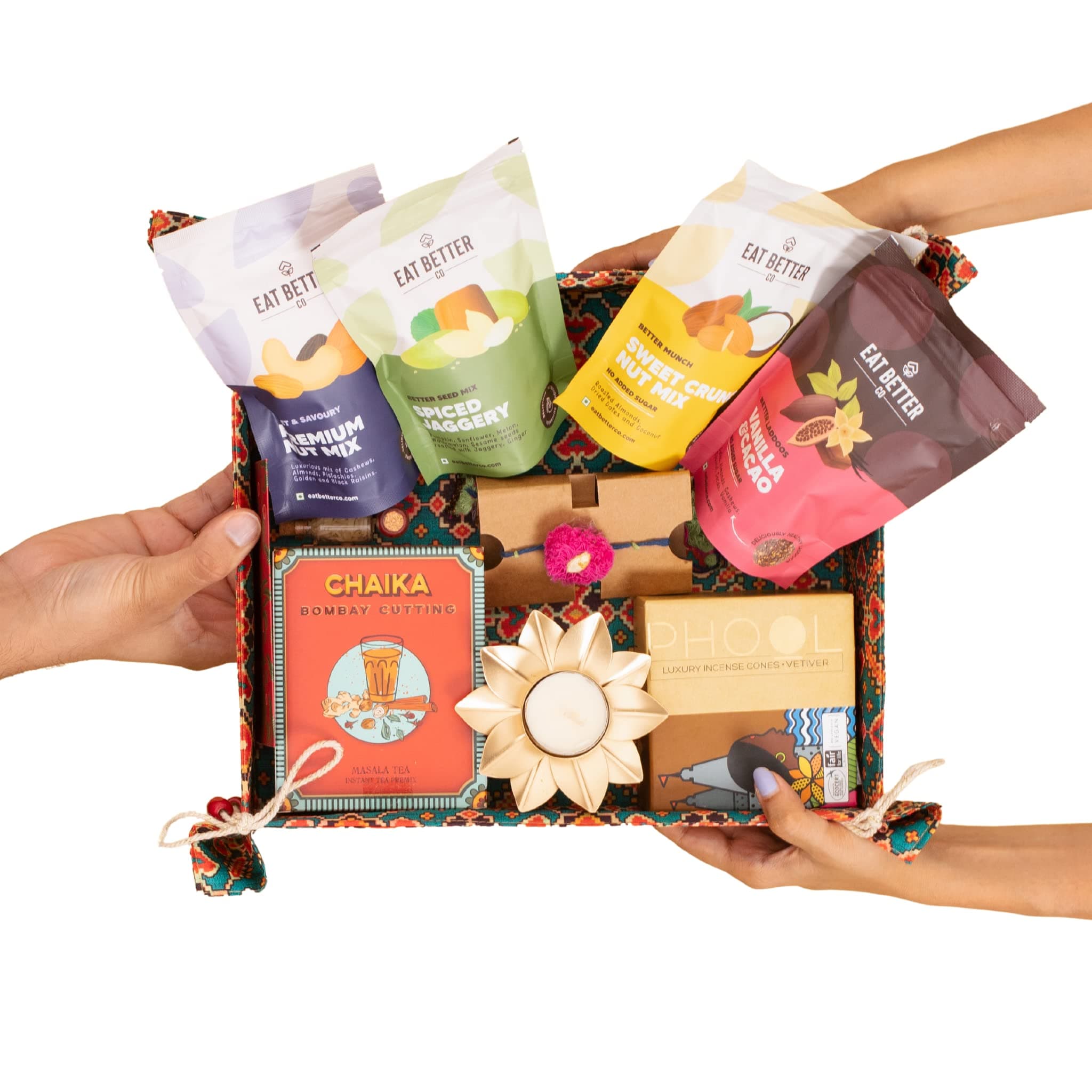 Eat Better Co - 11 Item Gift Hamper - Chocolate Coated Nuts, Dry Fruit Choco Laddoos, Millet Mixtures, Candle, Tea, Insence Cones by Phool & more - Anniversary Gift, Birthday Gift, Baby Shower Gifts, Chocolates Gift Pack - Healthy Snacks Combo