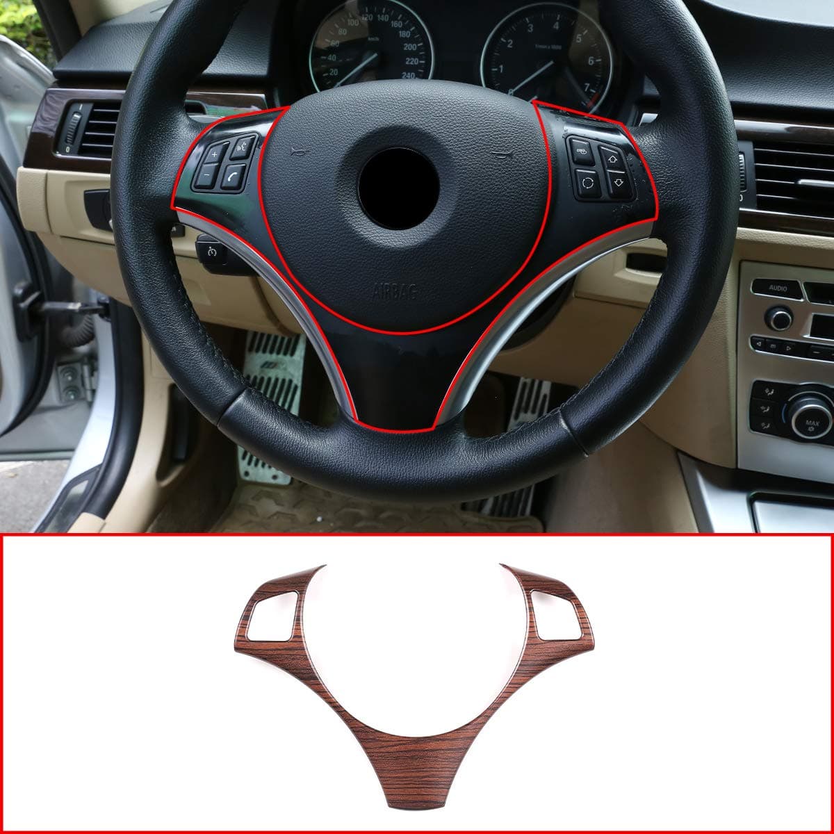 4 Styles ABS Chrome For BMW E90 3 Series 2005-2012 Car Steering Wheel Decoration Frame Trim Accessories (Pine Wood Grain)