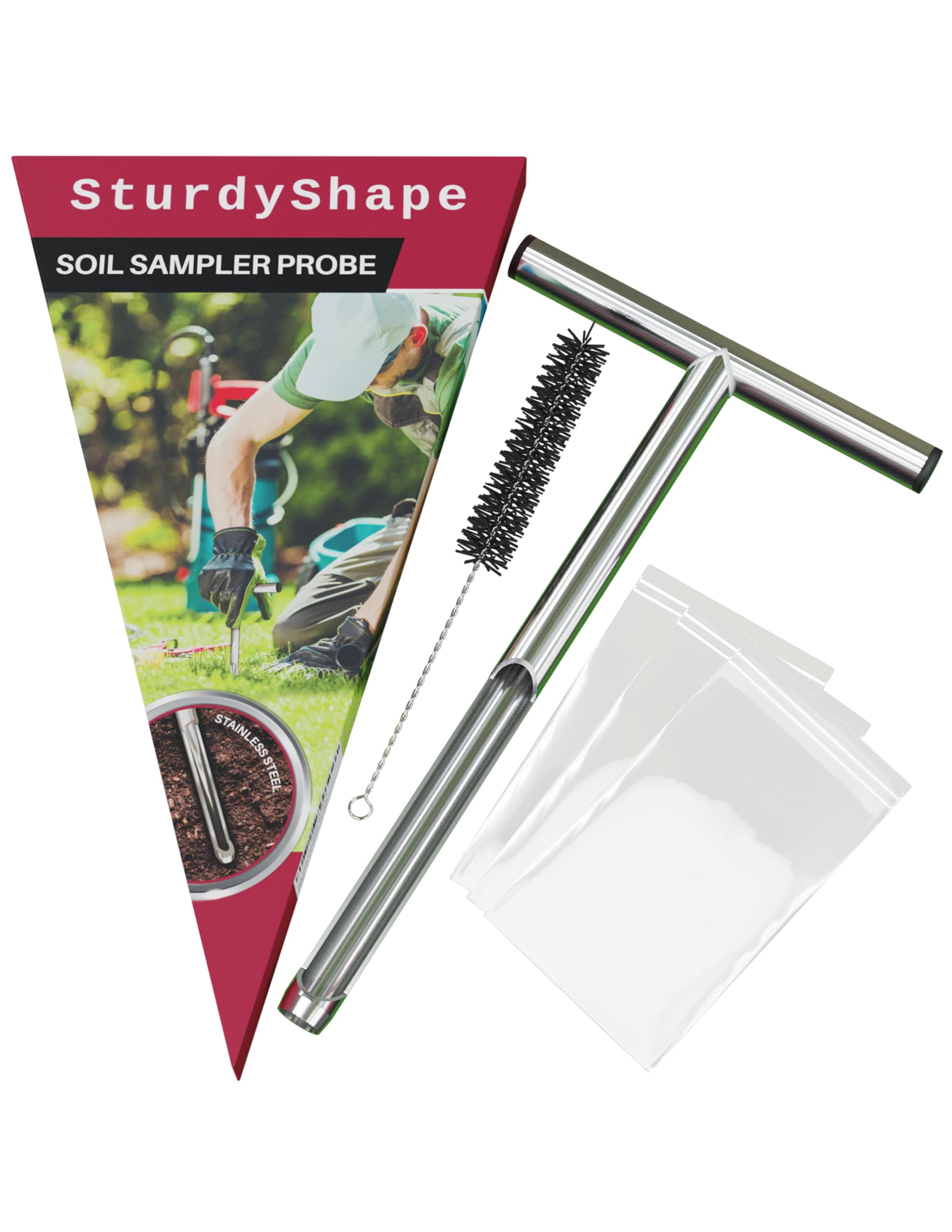 Soil Probe. The Soil Sample Probe is Polished Inside, 12in, Stainless Steel 304. Soil Probe with Handle Comes with 5Bags&1Brush&5Labels- Soil Srobes for Soil Sampling will Get Dirt Samples