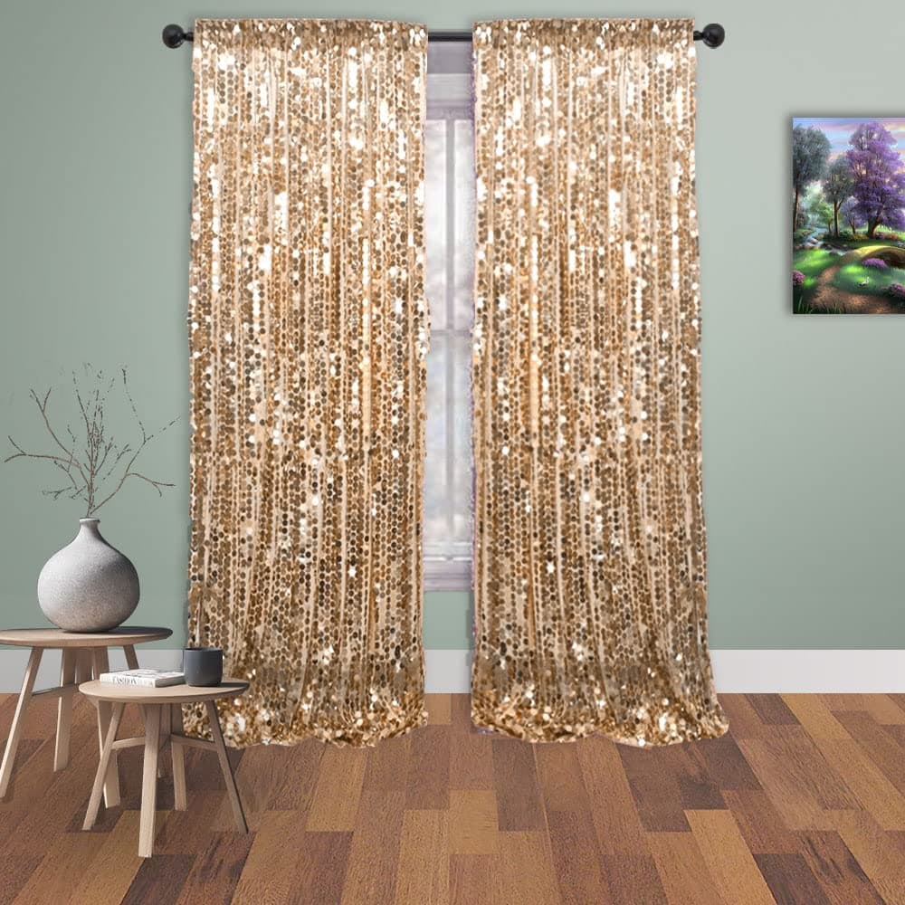 YCC 9FT x 9 FT Gold Big Payette Sequin Curtains with Rod Pocket Panels Curtain for Wedding/Ceremony/Party/Curtain/Prom