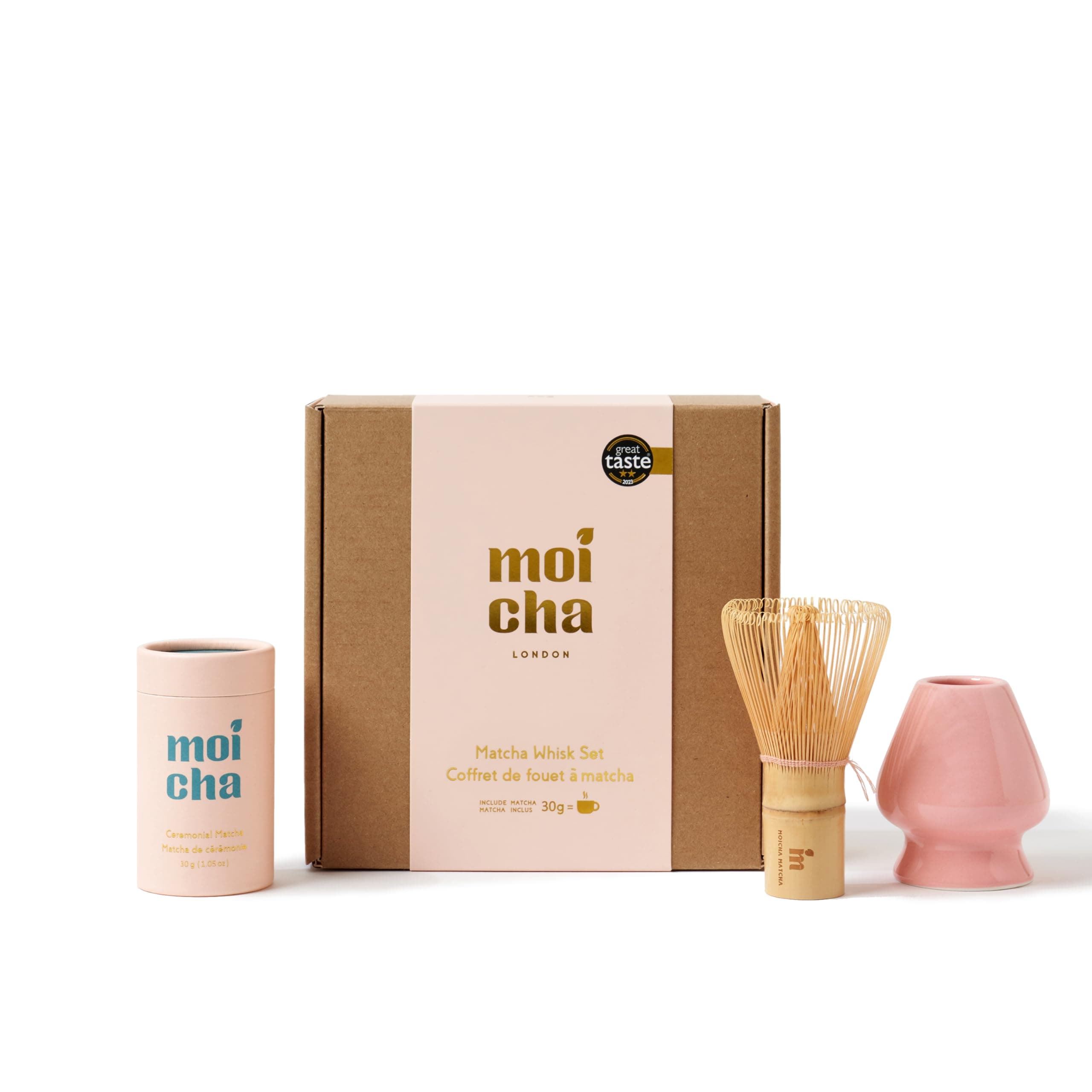 Matcha Tea Set Whisk Starter Kit by Moicha - Bamboo Matcha Whisk + Ceramic Whisk Holder + Premium Matcha Green Tea Powder 30g - Green Tea Gift Set