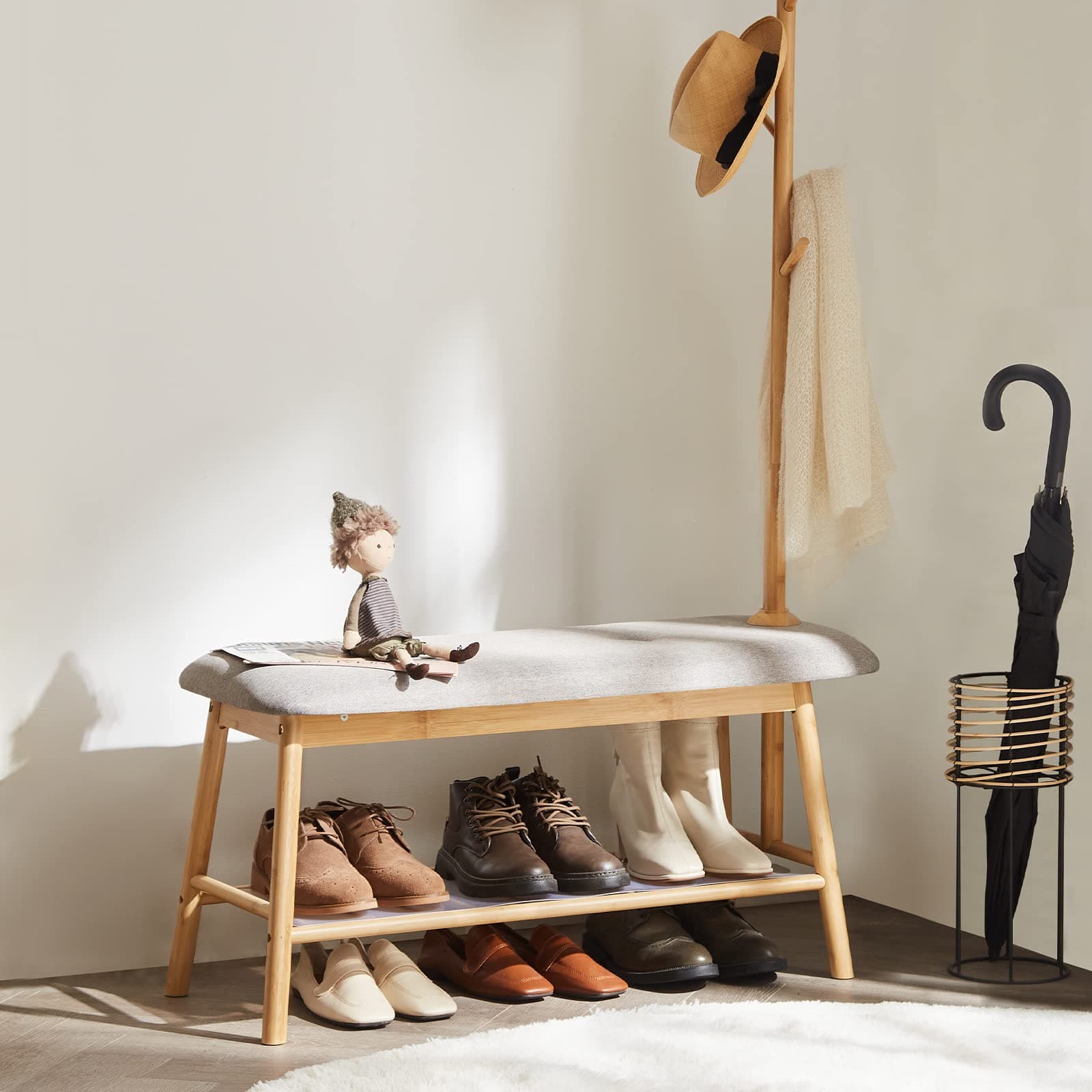 Apicizon Bamboo Entryway Storage Bench with Hall Tree, 2 Tier Shoe Rack, 4-in-1 Functionality, Padded Seat, Easy Assembly