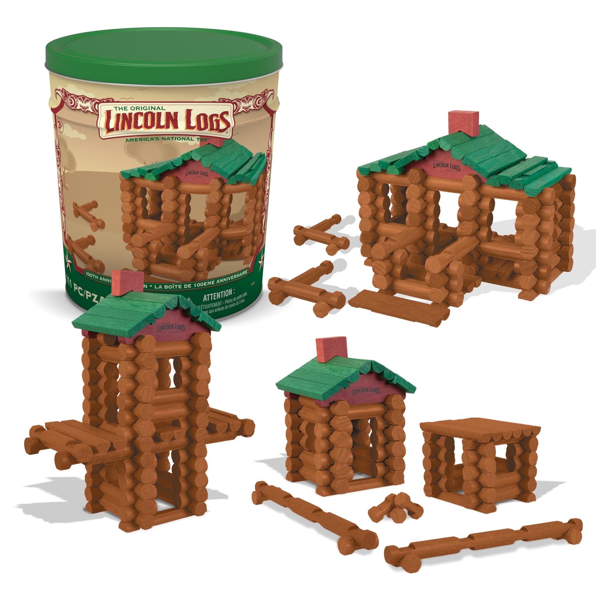 Basic Fun LINCOLN LOGS - 100th Anniversary Tin - 111 All-Wood Pieces - Ages 3+ Construction Education Toy