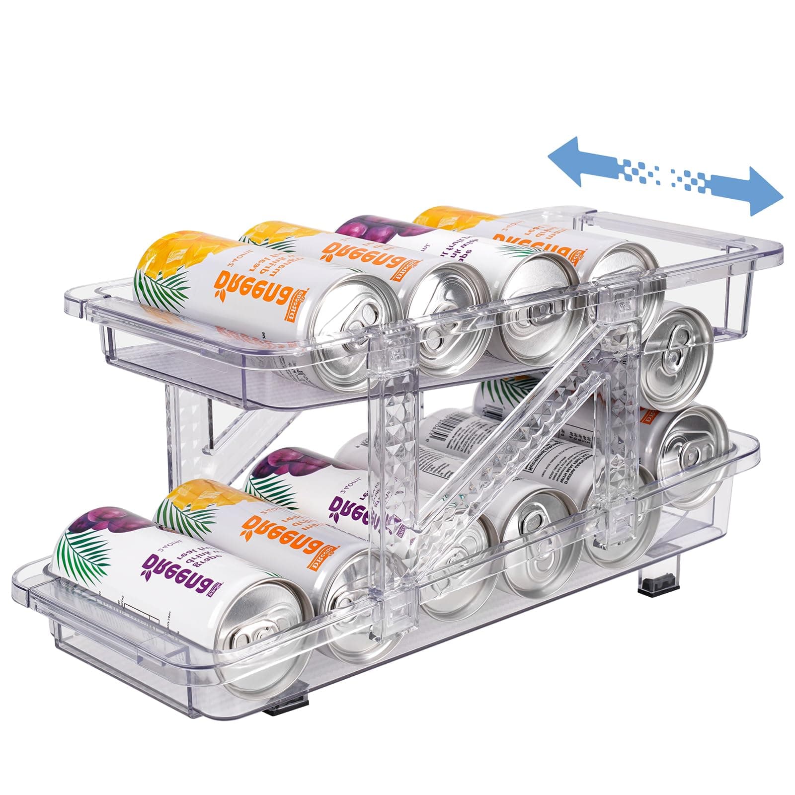 Voency Rolling Fridge Can Dispenser, 2 Tier Refrigerator Can Organizer, Adjustable Drinks Can Holder for Soda Beer, Beverage Can Storage Bin for Fridge Kitchen Cupboard Pantry (Clear)