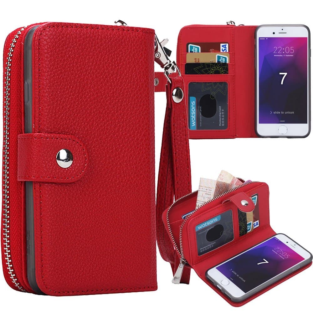iPhone 8 Case, iPhone 7 Zipper Wallet Case, Pasonomi PU Leather Protective Shell Detachable Folio Flip Holster Carrying Case with Strap and Card Holder for iPhone 8/7 4.7 inch (Red)