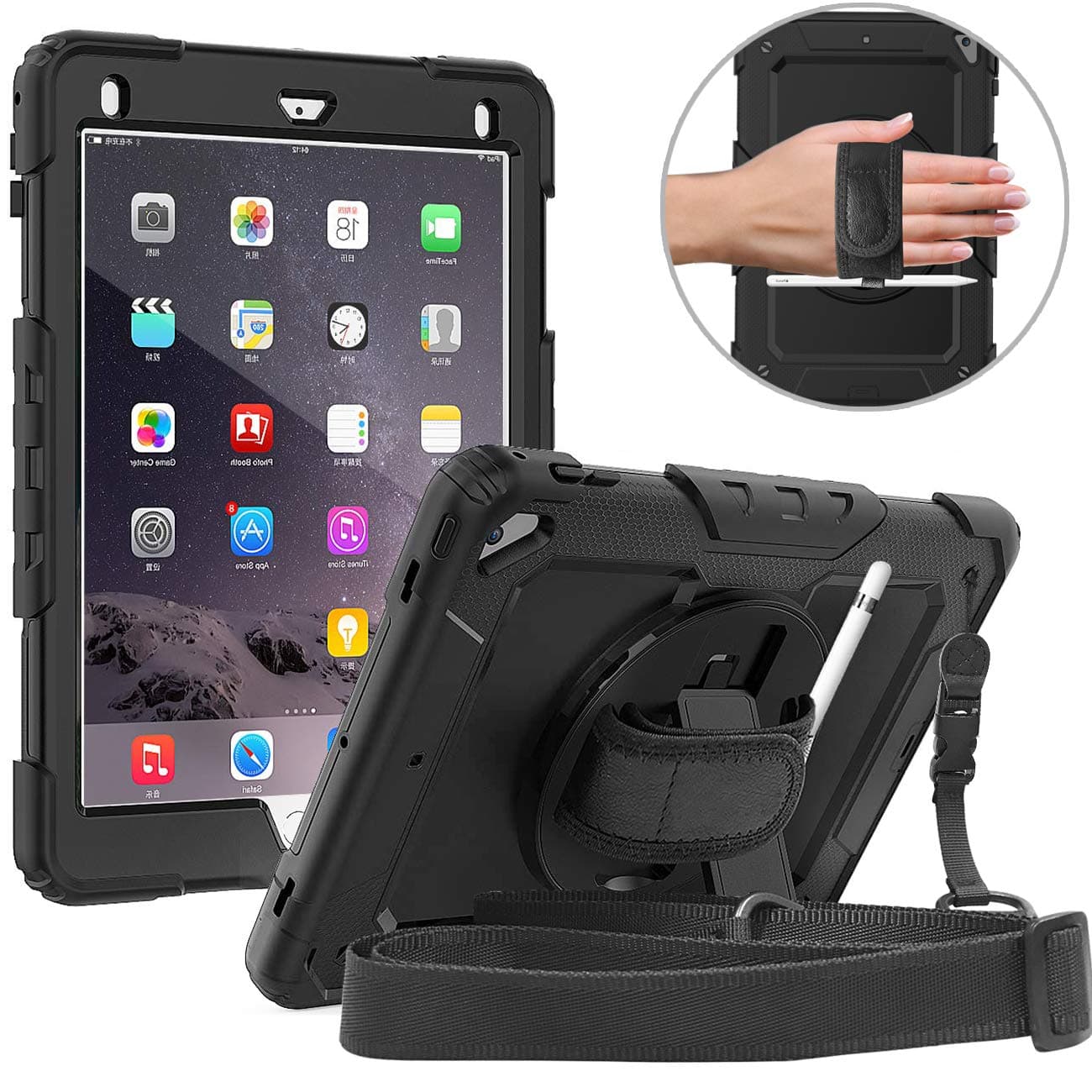 DanycaseCase for iPad 9.7 Inch 2018/2017, iPad Air 2 Case, Shockproof Hybrid Armor Protective Case with Screen Protector & Strap and Shoulder Strap for iPad 9.7 (5th/6th Gen) 2017/2018 (Black)