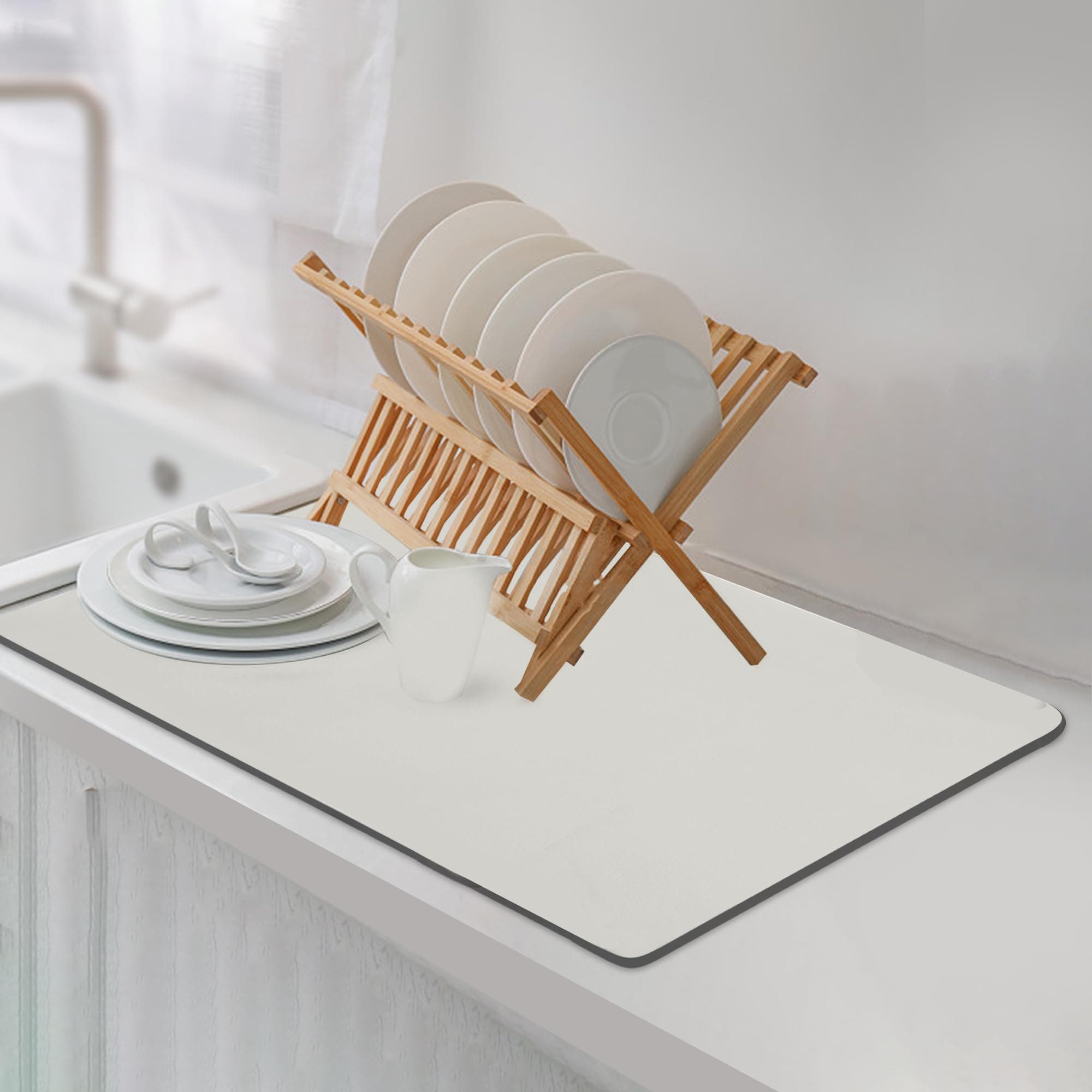 Dish Drying Mat Coffee Bar Mat for Kitchen Counter, Absorbent Dish Rack Pad Heat Resistant Hide Stain with Non-slip Rubber Backed Coffee Accessories Fit Under Espresso Machine Maker White 12"x19"