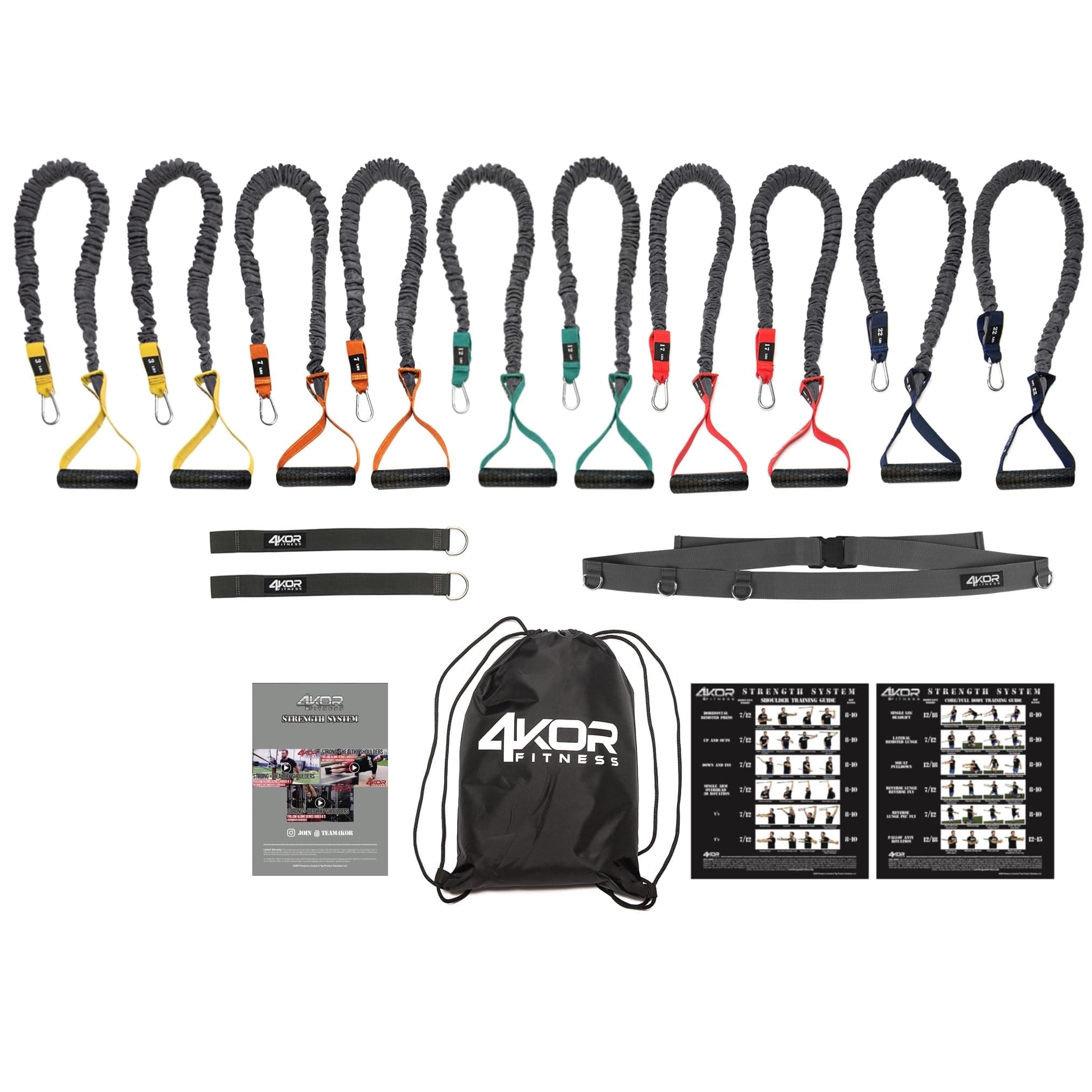 4KOR Cross Anchor Shoulder Performance Training System. Resistance Cords with Handles and Dynamic Workout Guide. Exercise Bands with Nylon Sleeves, Rubber Grips, and Carry Bag for Rehab and Strength