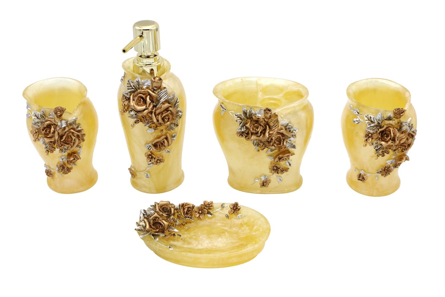 5 Pieces Bathroom Accessory Set, Bronze Bathroom Set Decor, 3D Golden Roses Bathroom Accessory for Bathroom, Kitchen