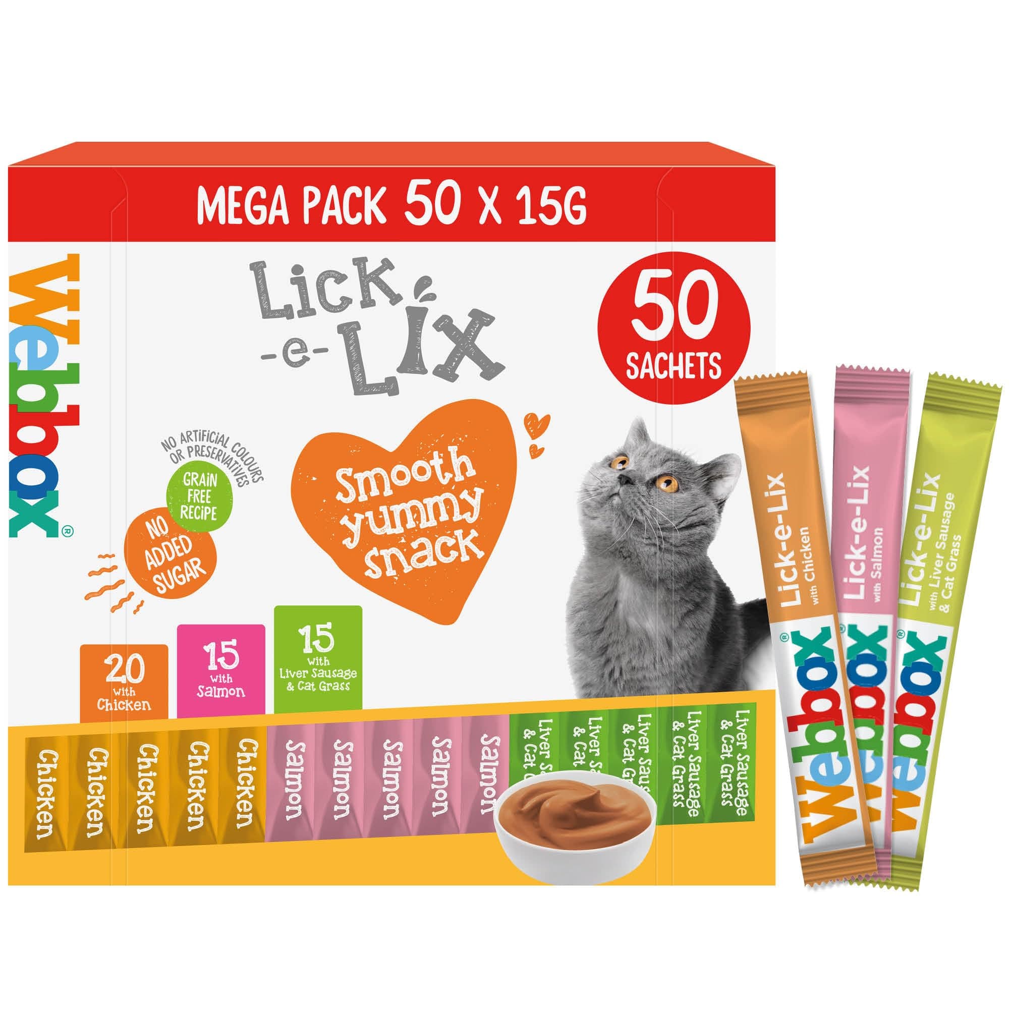 Webbox Lick-e-Lix Cat Treats Variety Value Pack - Kitten Friendly, Grain Free, No Artificial Preservatives or Colours (50 Pack)
