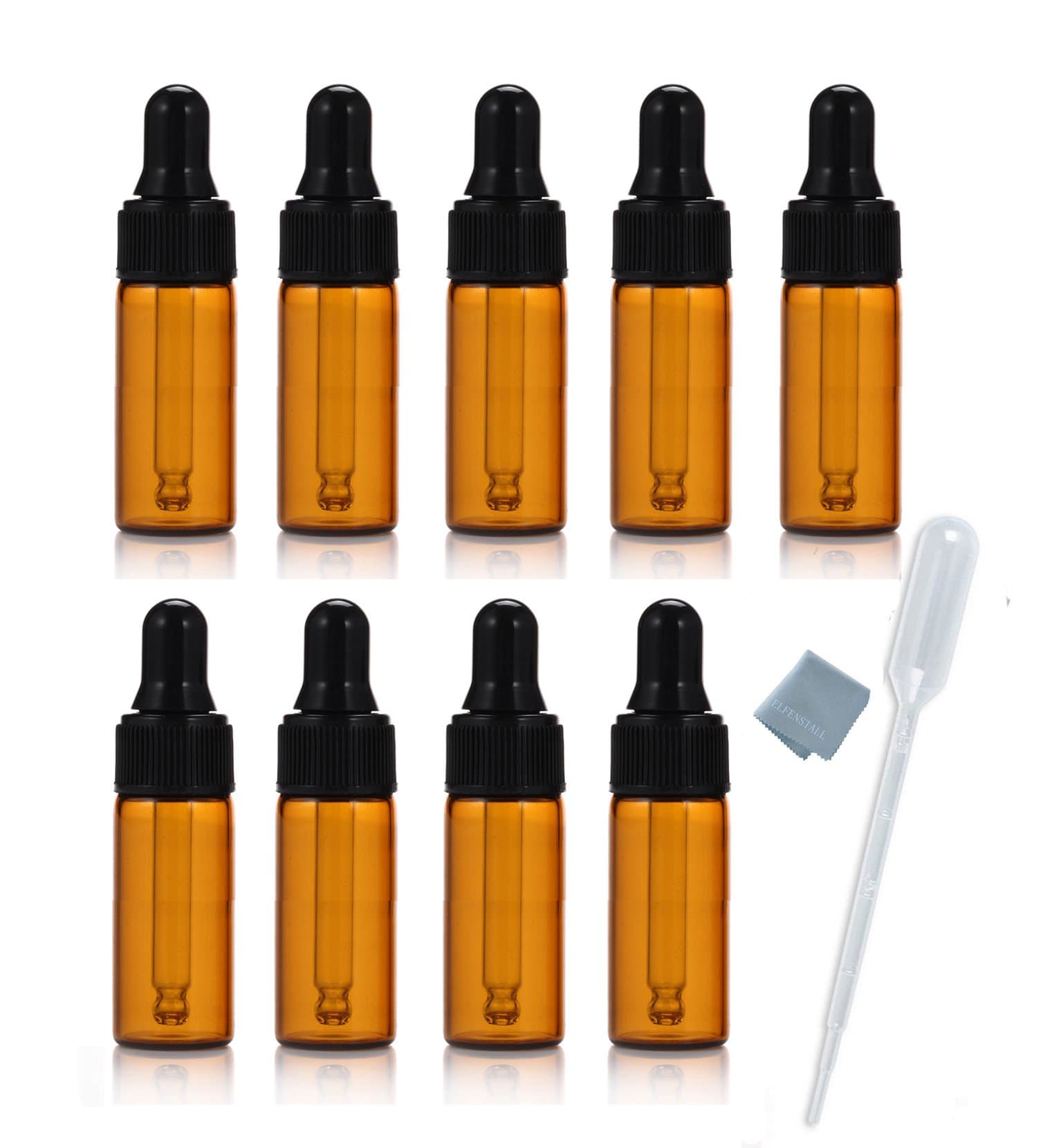 Simple-e 10pcs 5ml 1/6oz Amber Mini Glass Bottle Amber Sample Vial Small Essential Oil Bottle with Glass Eye Dropper + 1pc Glass Clean Cloth + 1pc 3ml Dropper (10)