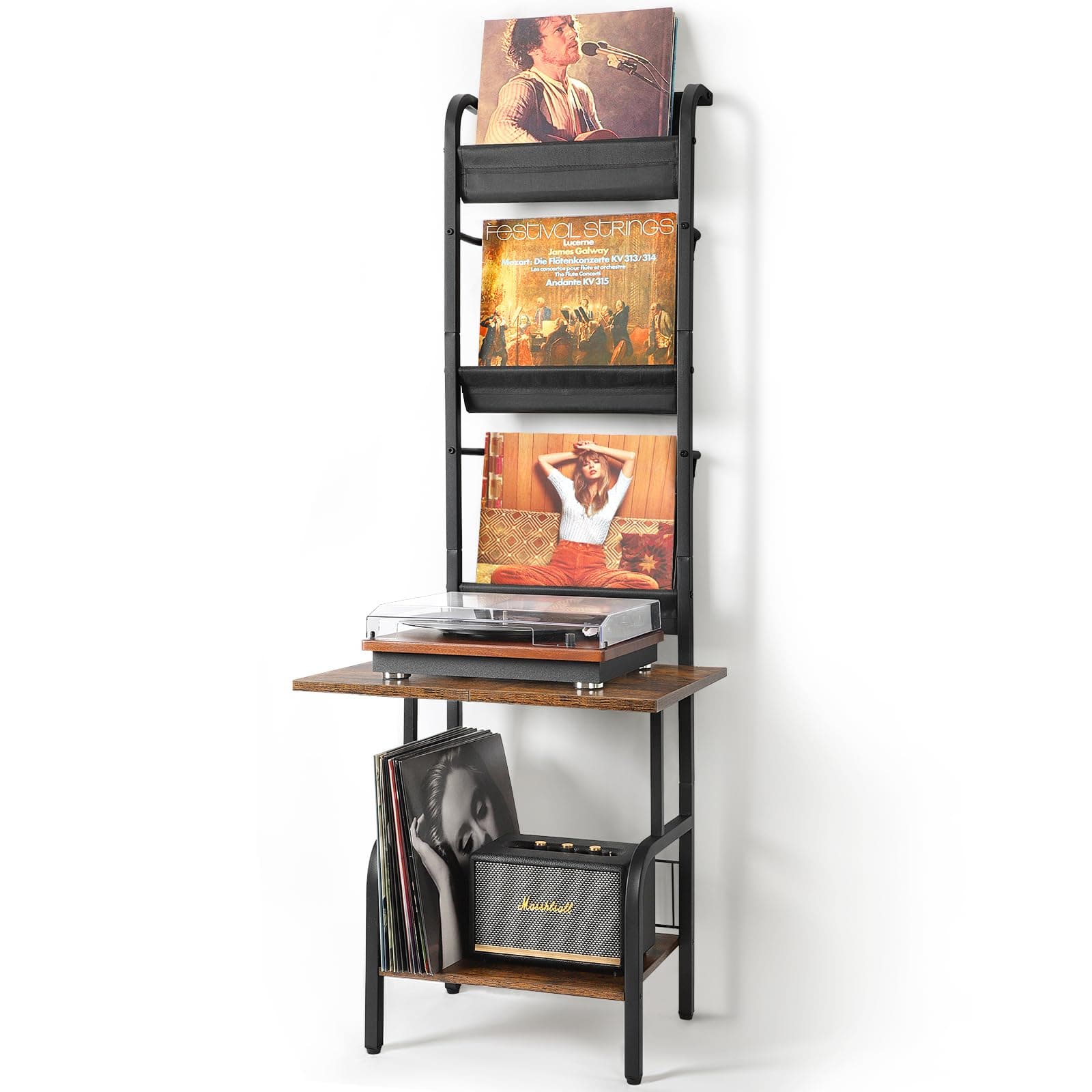 Tewinko Record Player Stand with Vinyl Storage, Record Player Table with Vinyl Record Storage up to 200 Albums, Turntable Stand with Record Holder Display Shelf, Record Player Cabinet Organizer Rack