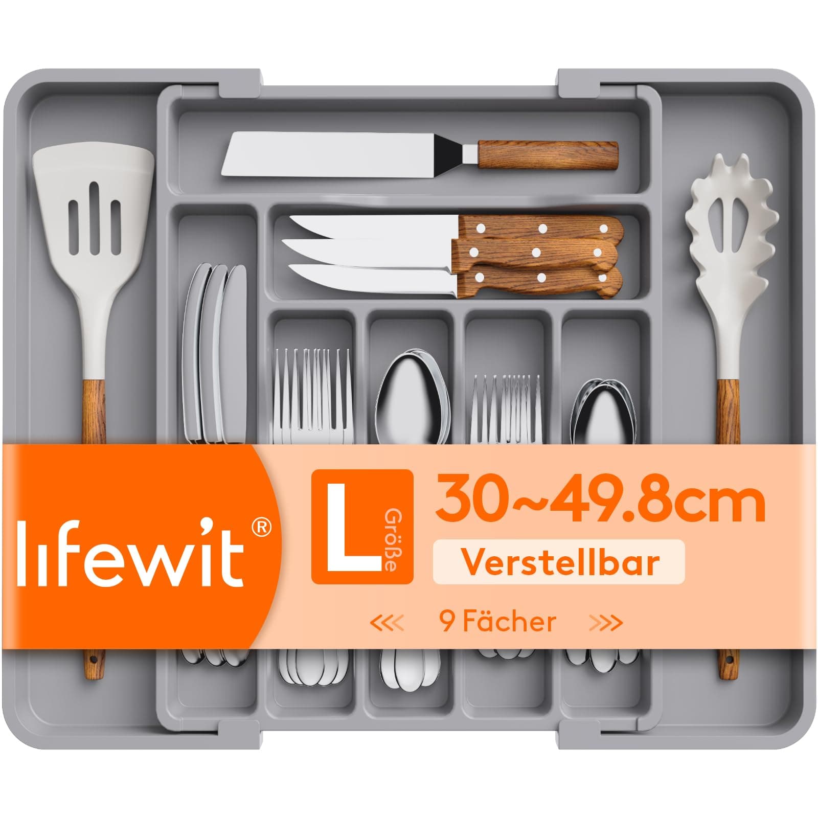 Utensil Organizer for Kitchen Drawer, Expandable Cooking Silverware Tray, Adjustable Cutlery Flatware Holder, Plastic Spatula Tools Storage Divider, 11.8-19.6 x 15", Gray