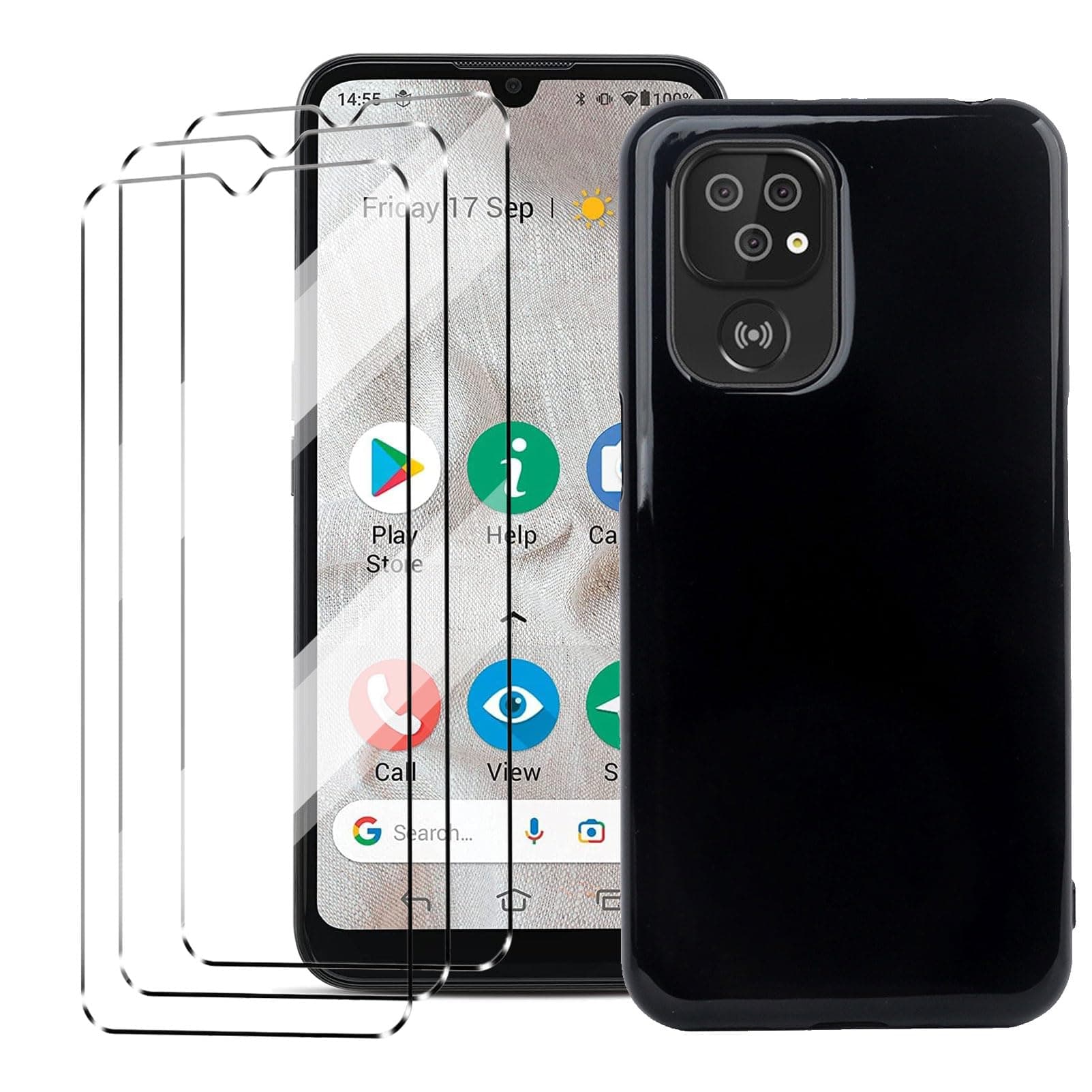 [4 in 1] Case Compatible with Doro 8100 Cover with 3 Pack Tempered Glass Screen Protector for Doro 8100, Slim Fit Soft TPU Shockproof Anti-Scratch Phone Case Cover - Black