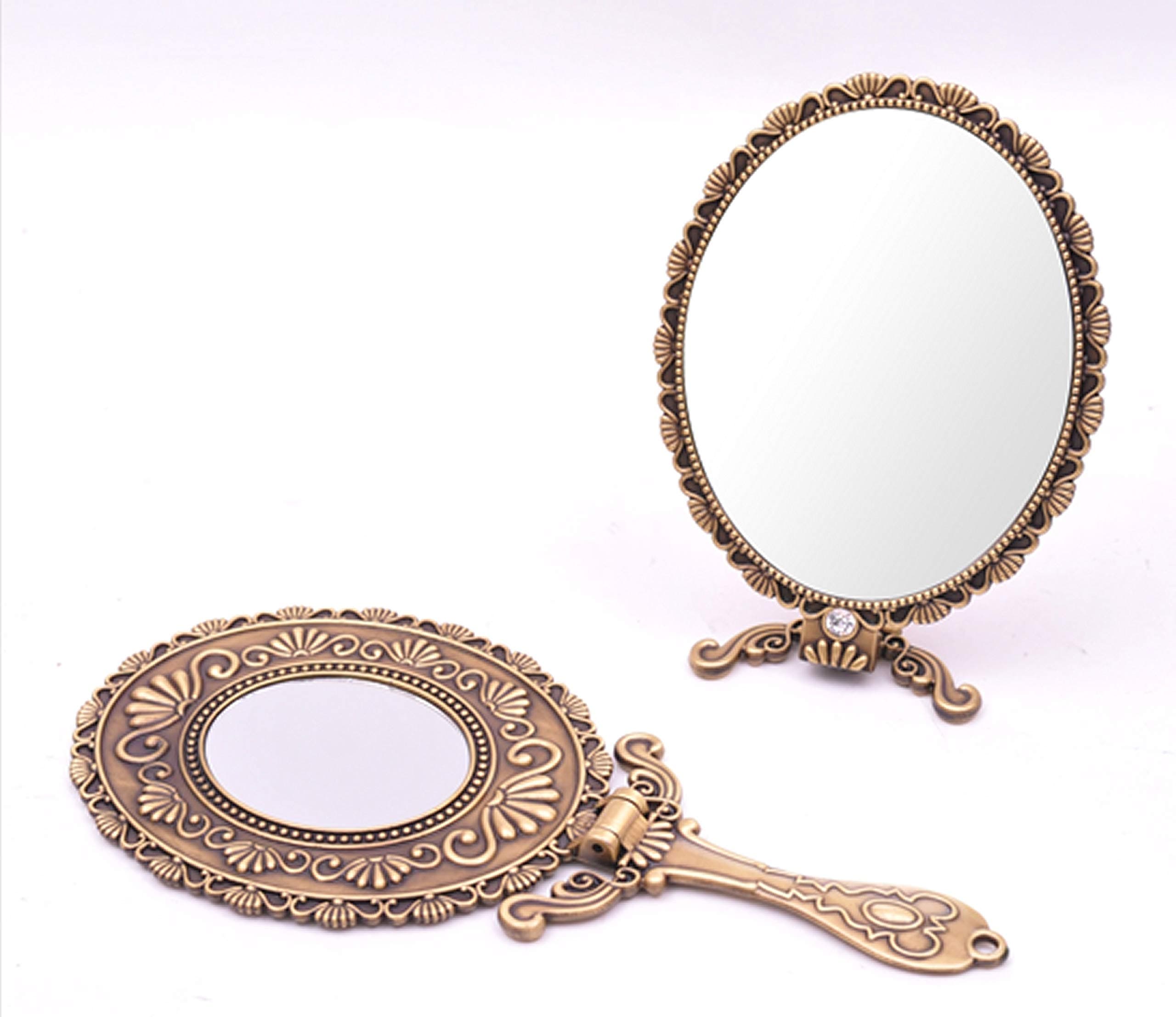 SEHAMANO Vintage Double Sided Handheld Makeup Metal Mirror/Folding Handle/Stand Travel Mirror/Back Sided Magnification/Folding Type Mirror (Matt Gold (Brass))