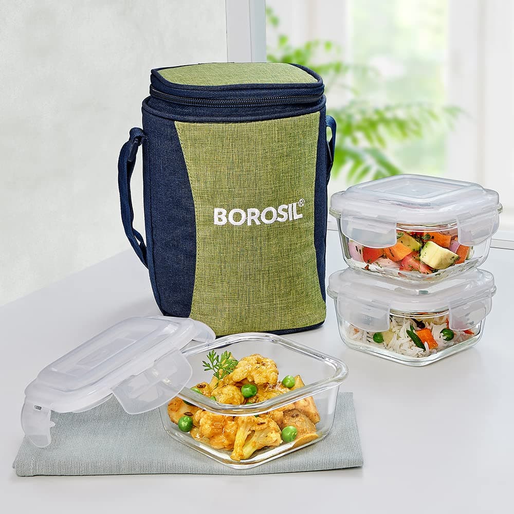 Borosil Ace Lunchbox with Bag | 3pc Square Container Set (320ml Each) | Made in India Borosilicate Glass Tiffin | Microwave & Dishwasher Safe Lunch Box for Office, College & School