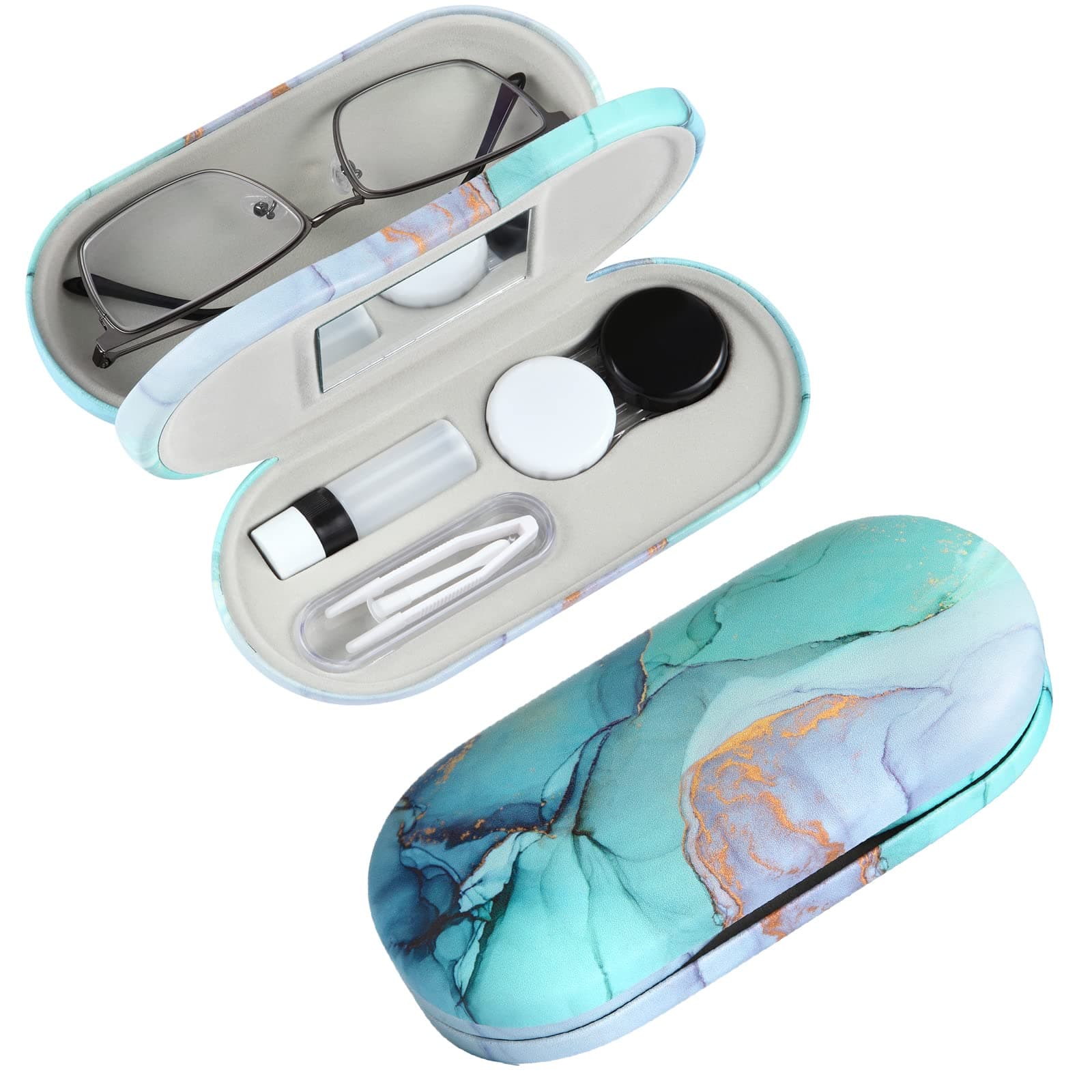 Contact Lens Case, 2 in 1 Double Sided Portable Contact Lense Case and Eyeglasses Case, with Marbling, Multifunction, Durable, Compact, Portable Storage Kit