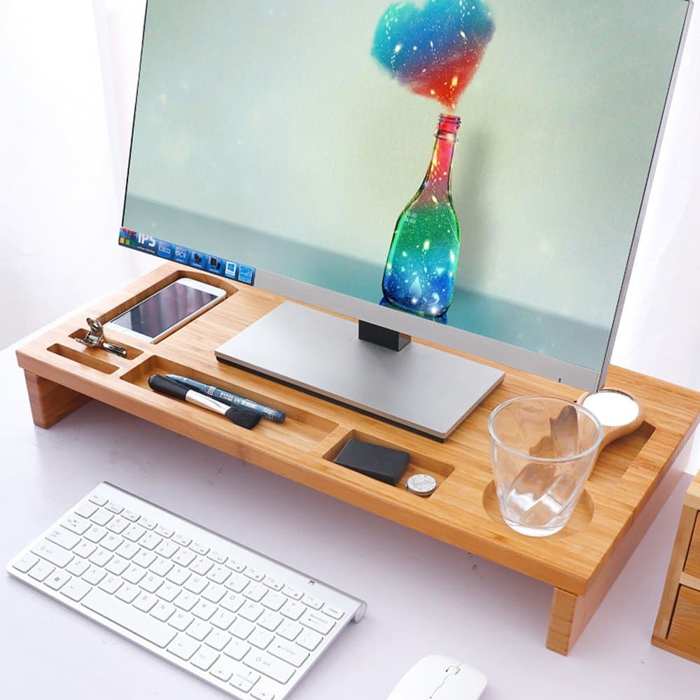 WitHome Bamboo Computer Monitor Riser with Storage Organizer Desktop PC Stand Laptop Cellphone TV Printer Stand Container