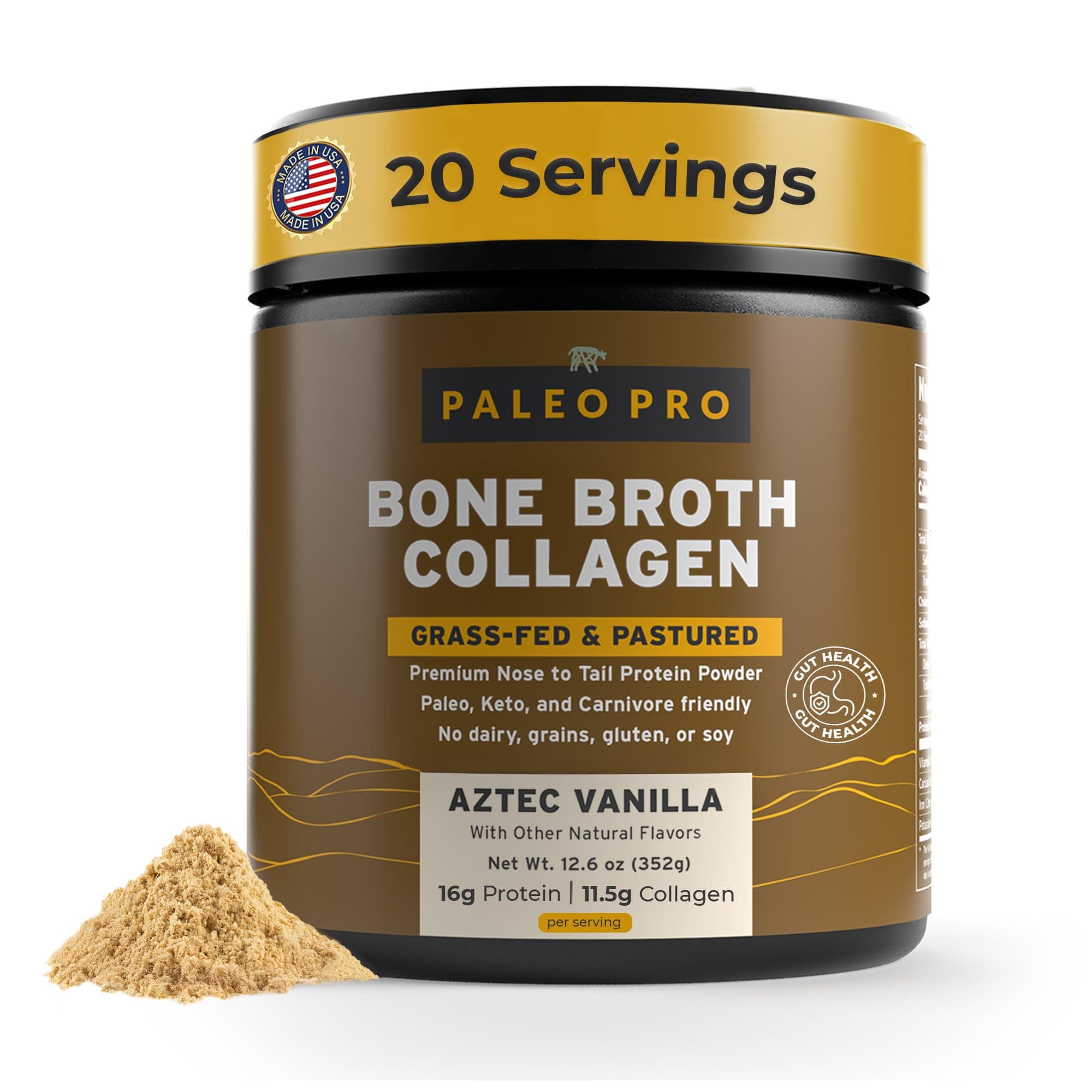 Paleo Pro Bone Broth Collagen w/Turmeric Root (Aztec Vanilla) Grass-Fed & Pastured Beef Collagen | Gluten Free, Dairy Free, No Sugar, Soy, Grains or Net Carbs & Keto Friendly (20 Servings)