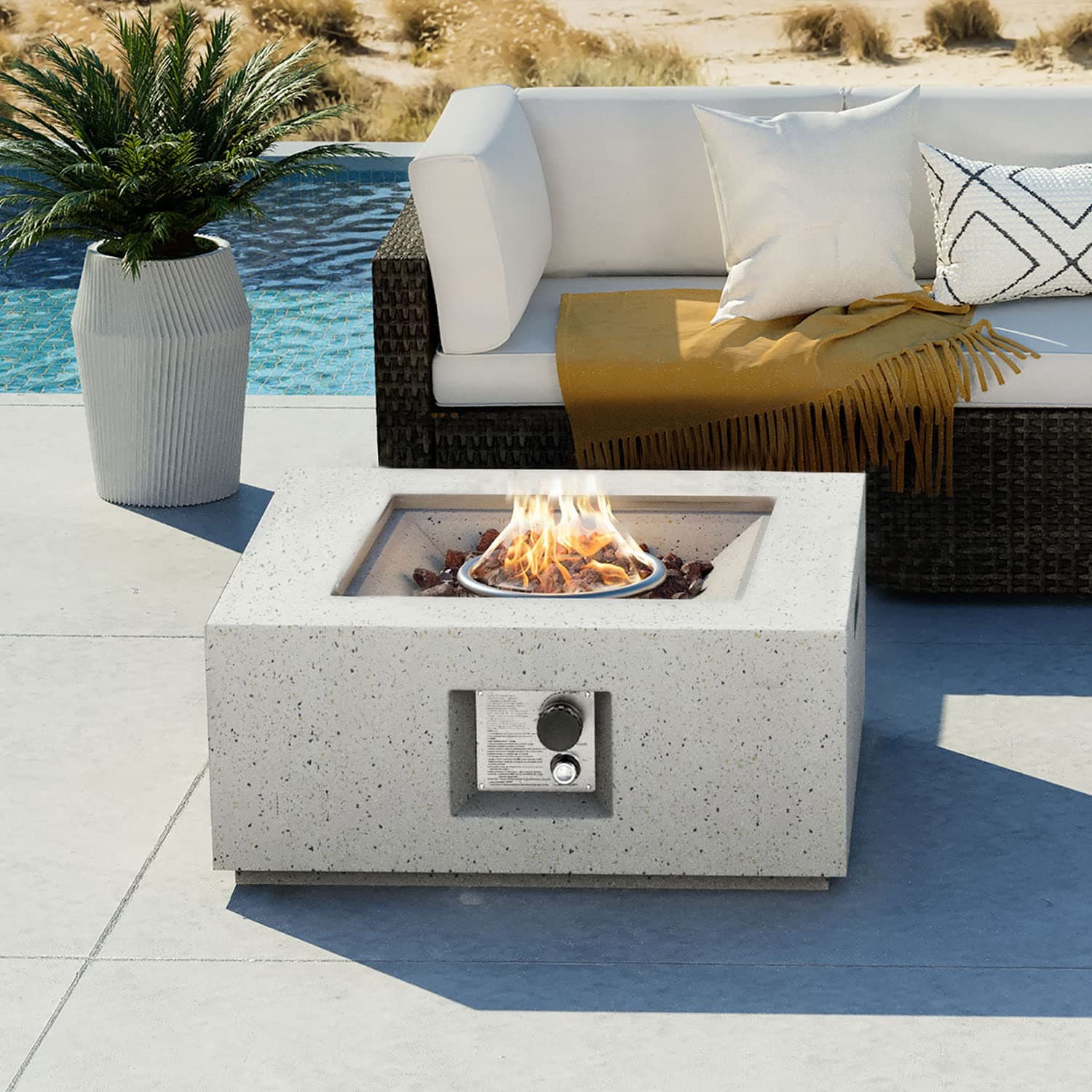 Outdoor Propane Fire Pit Coffee Table, 28-inch Terrazzo Square Base Patio Heater w Certified, 40,000 BTU Stainless Steel Burner, Free Lava Rocks and Rain Cover