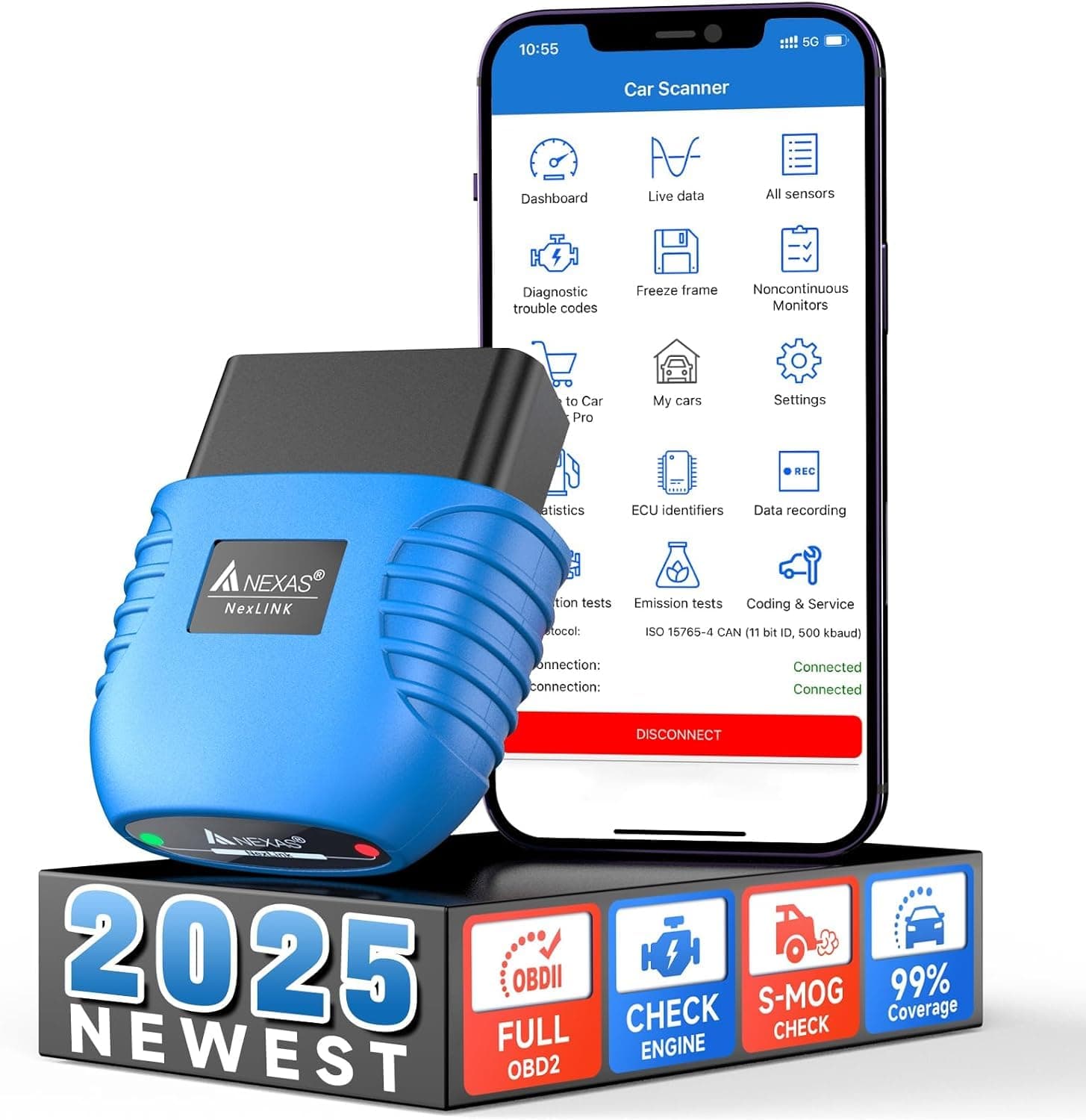 NEXAS NexLink Bluetooth 5.0 OBDII Scanner for iPhone & Android & Windows, Code Reader Check Engine Light Smog Check Car Scan Tool for Vehicles After 1996 and Motorcycles Specially