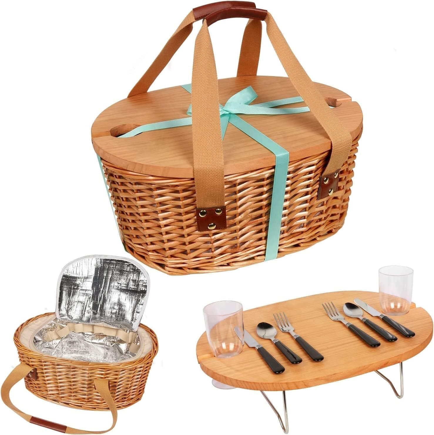 Hap Tim Wicker Picnic Baskets Set for 2 Person with Mini Foldable Wine Picnic Table Large Cooler Bag and Cutlery Kit for 2 Person, Couple Gifts, Wedding Gifts (Y2209-2