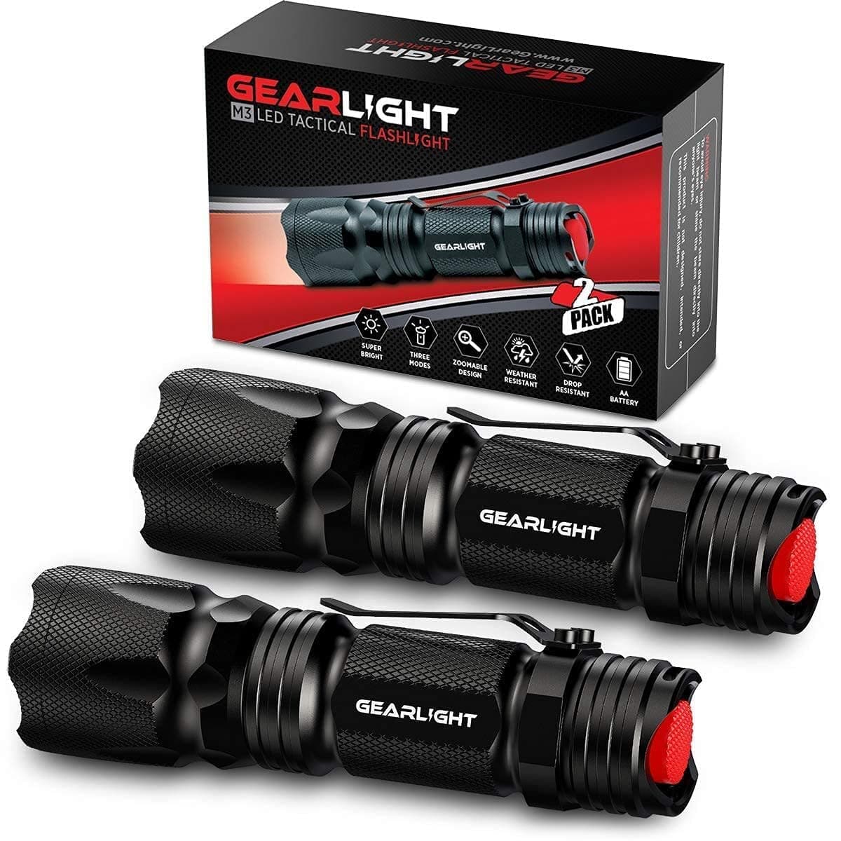 GearLight M3 Mini LED Flashlight - 2 Bright, Small Tactical Flashlights with High Lumens and Pocket Clip for Camping, Outdoor & Emergency Use - Black