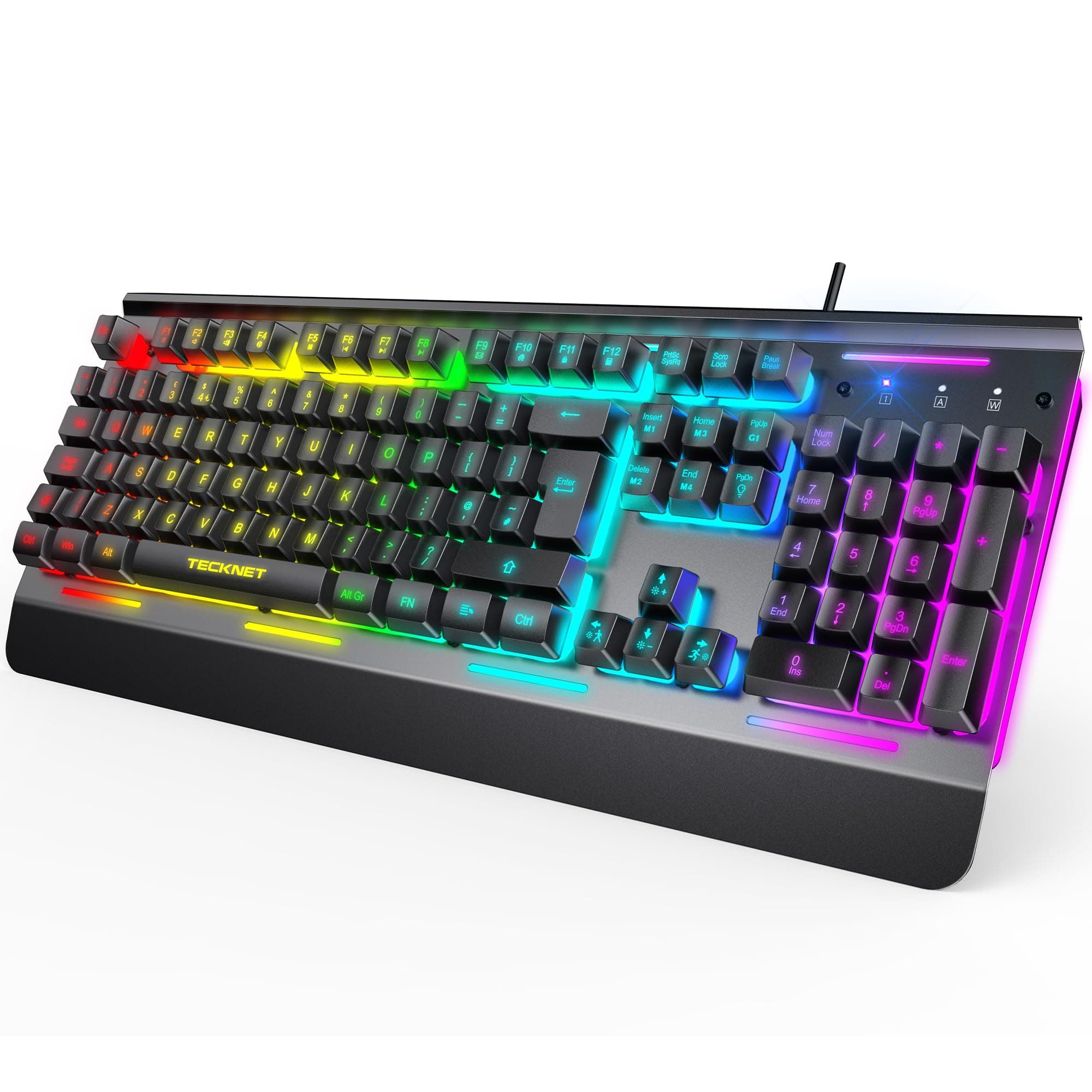TECKNET RGB Gaming Keyboard UK Layout, USB Wired Computer Keyboard with 15-Zone RGB Illumination, All-Metal Panel, 25 Anti-ghosting Keys, 105 Keys, IP32 Water & Dust Resistant, 90% Quiet Keyboards