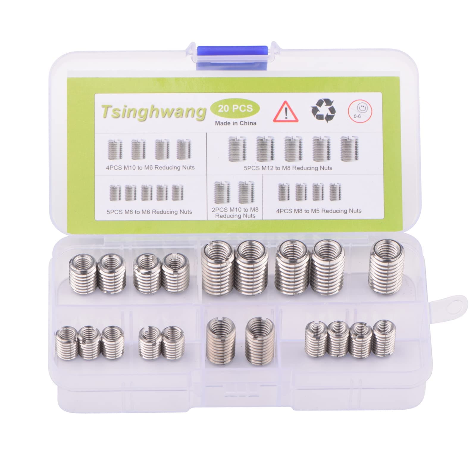 20PCS Thread Reducing Nut Kit M5 M6 M8 M10 M12 Tsinghwang Threaded Reducers Assortment Stainless Steel Fastener Adapters