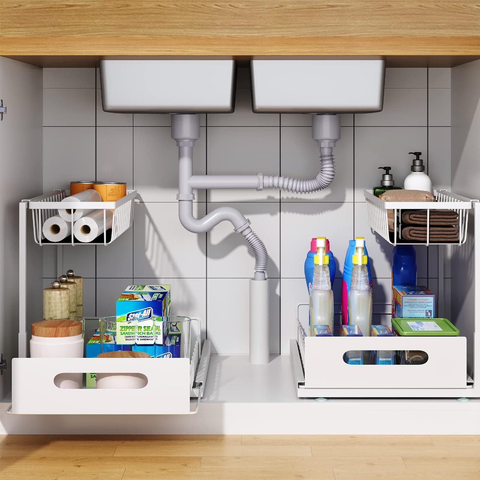 INSMEER Under Sink Storage,Kitchen Organizer and Storage with Hooks,2 Tier Pull Out Spice Rack and Storage Drawer Organizer/Kitchen Gadgets/Bathroom Storage/Cabinet Organizer(2Pcs-Iron)