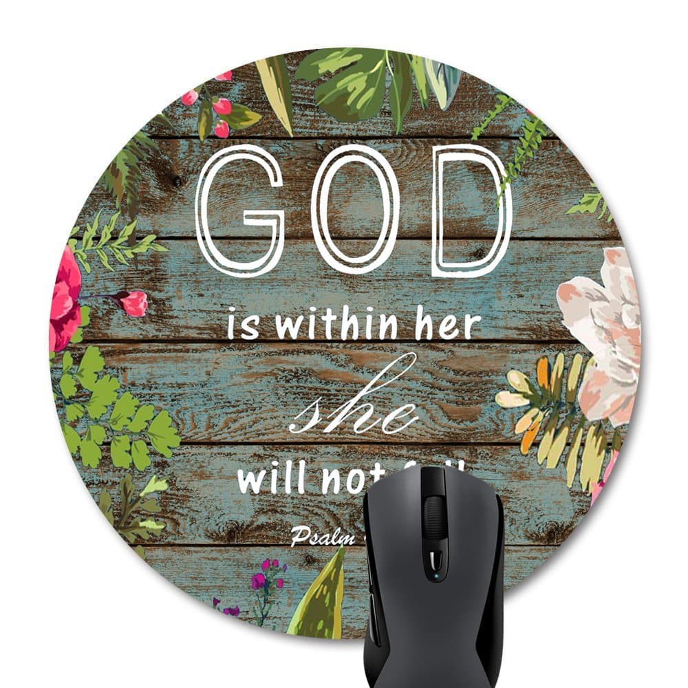 Wknoon Round Mouse Pad Bible Verses Scripture Quotes God is Within Her She Will Not Fall Psalm 46-5, Vintage Floral Rustic Old Wood Print Art Mousepad Mat