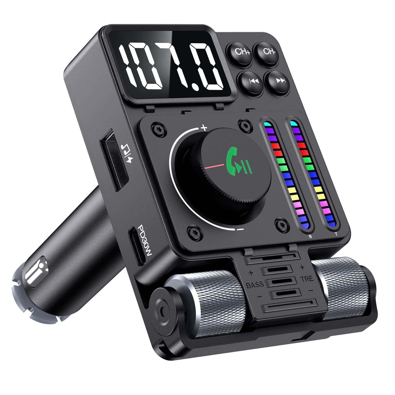 Bluetooth 5.3 Fm Transmitter For Car, 30W Pd & Qc3.0 Fast Car Charger, Wireless Radio Adapter, Supports Hands-Free Call, Larger Led Display, Adjustable Treble And Bass Sound Music Player