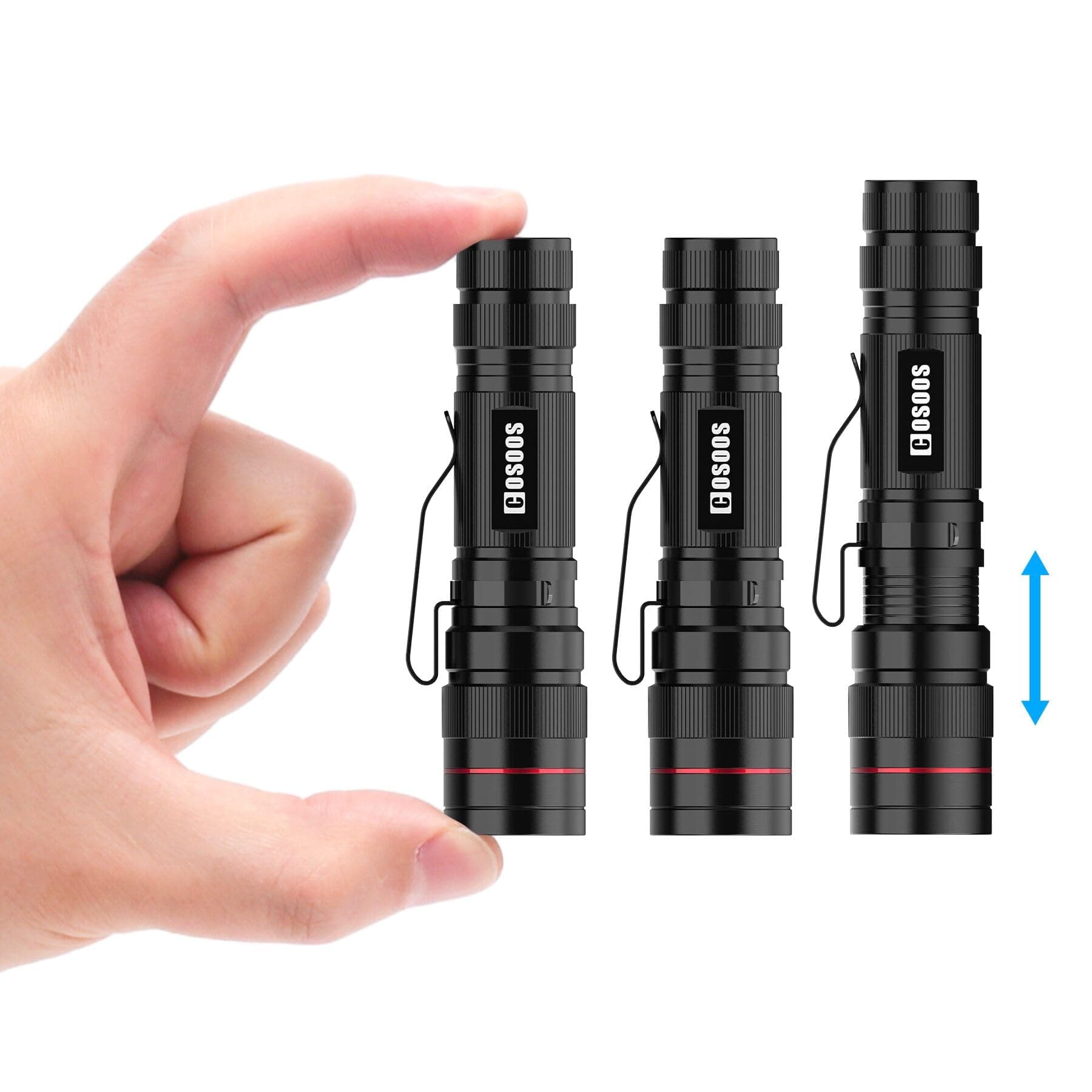 COSOOS 3 Mini LED Tactical Flashlights with Clip, 3.7inch Zoomable Bright AA Flashlight High Lumen, Pocket-Size Penlight, 1 Light Mode, Small Portable Waterproof Pen Flash Light for Camping