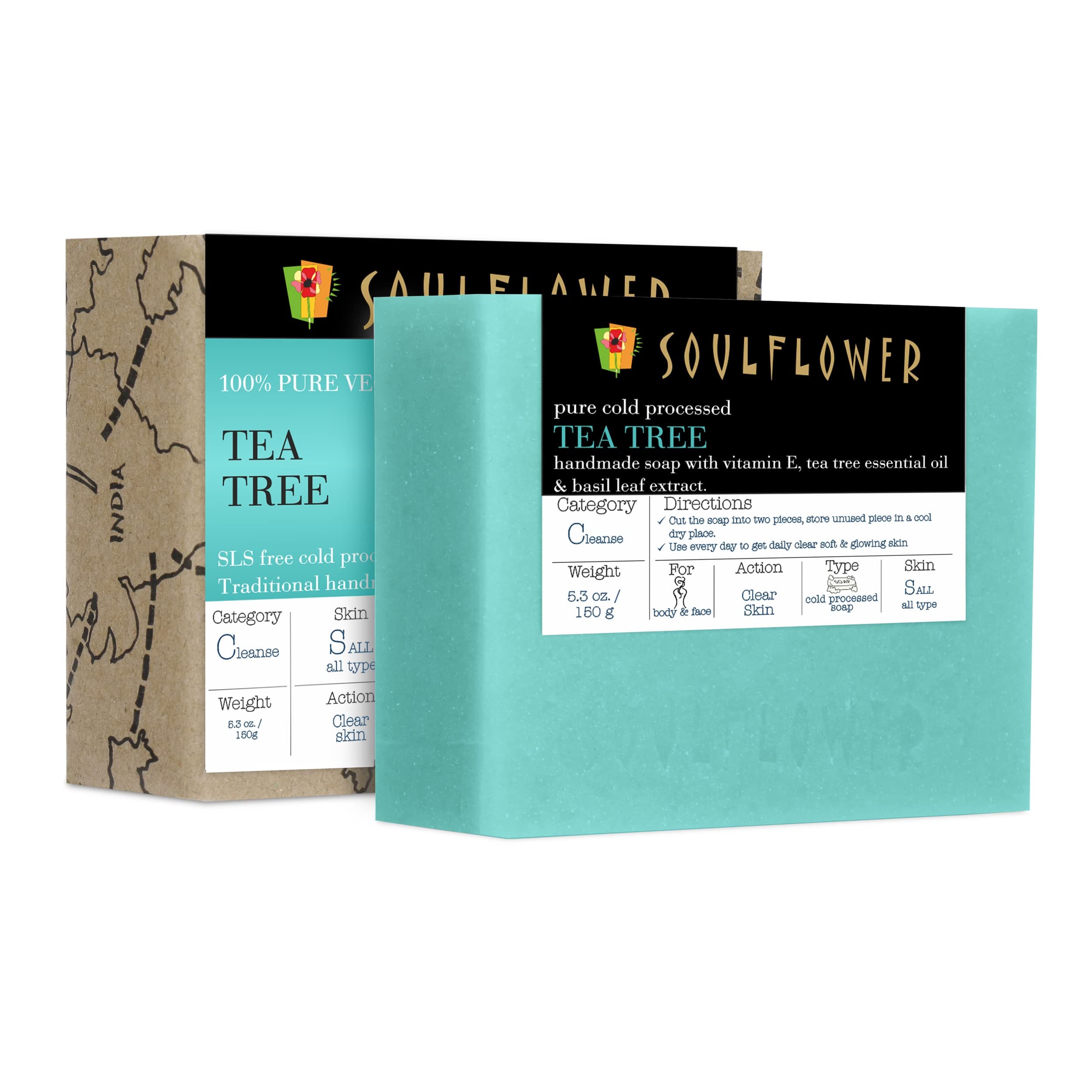 Organic Tea Tree Handmade Soap Bar, Enriched With Tea Tree Essential Oil, 100% Pure, Cold Processed, Vegan, Preservative Free, 150g / 5.3 Oz