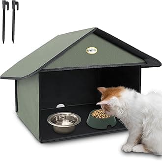 Dreyoo Outdoor Cat Feeding Station for Food & Water, Weatherproof Outdoor Kitty Dining Room Cat Shelter for Stray, Feral Cats and Community Cats, 13”d x 17”w x 15.5'h (1 Pack,Dark Green)